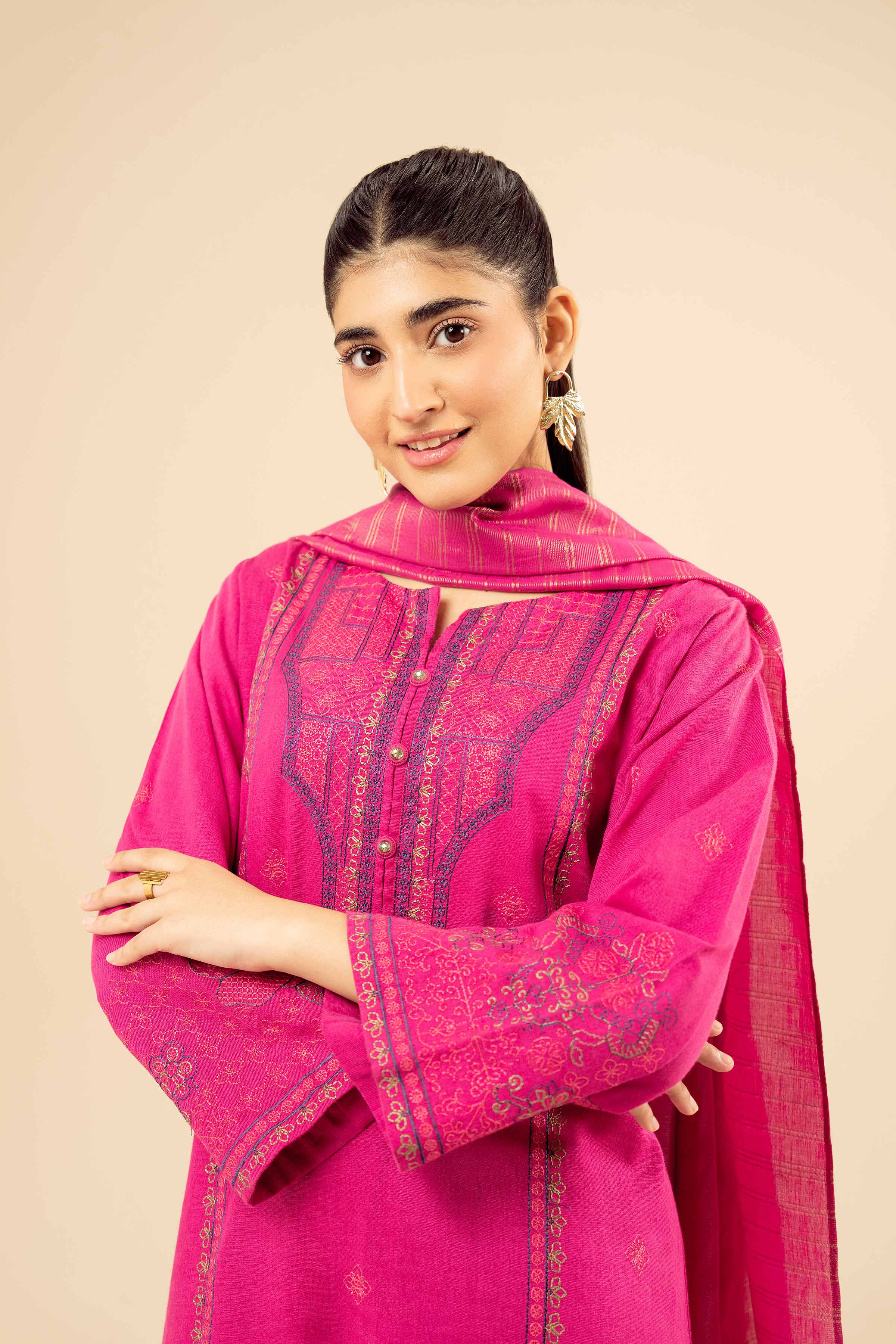 3 Piece - Embroidered Suit - PW25-416 READY TO WEAR Pink Karandi 3PC Embroidered