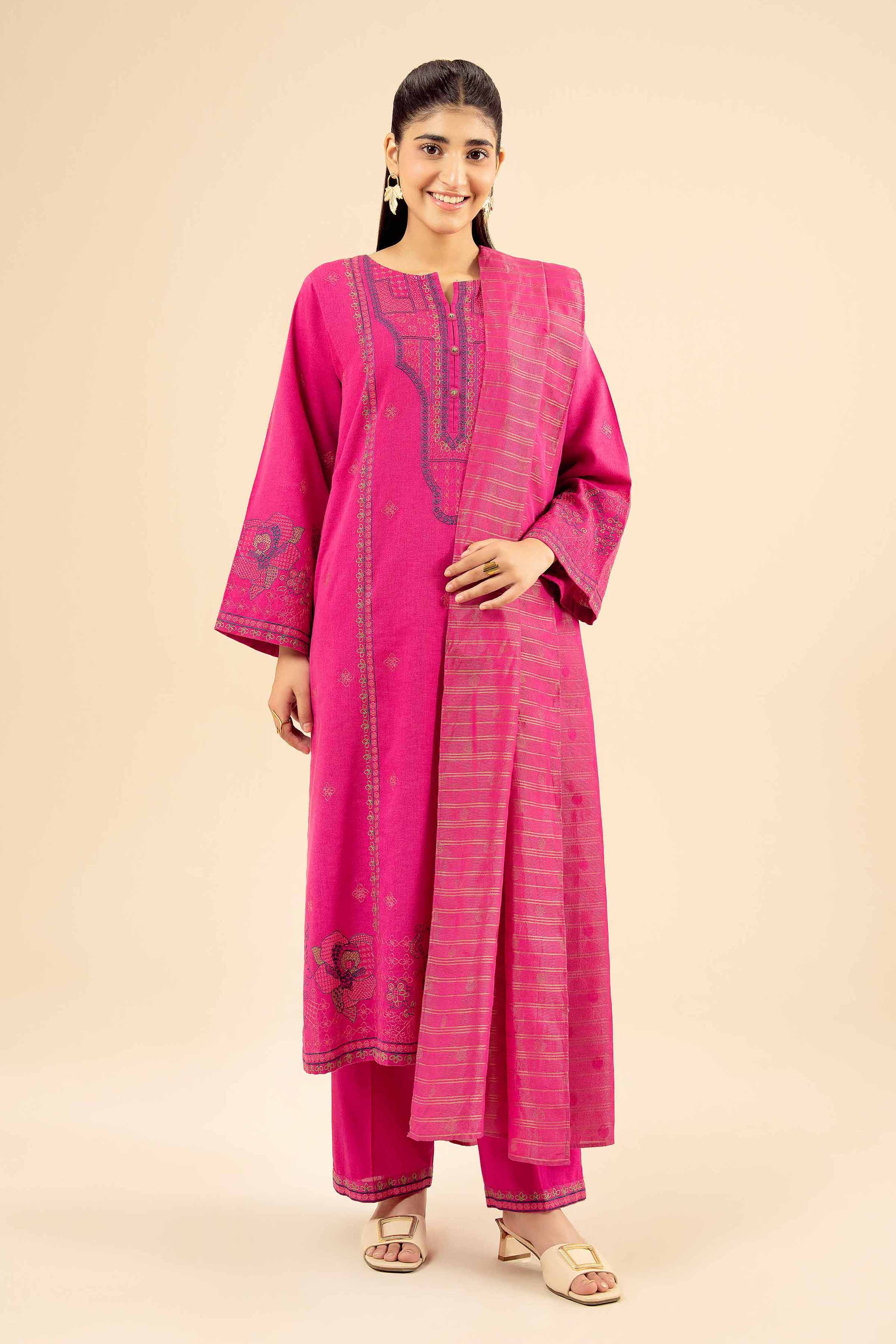 3 Piece - Embroidered Suit - PW25-416 READY TO WEAR Pink Karandi 3PC Embroidered