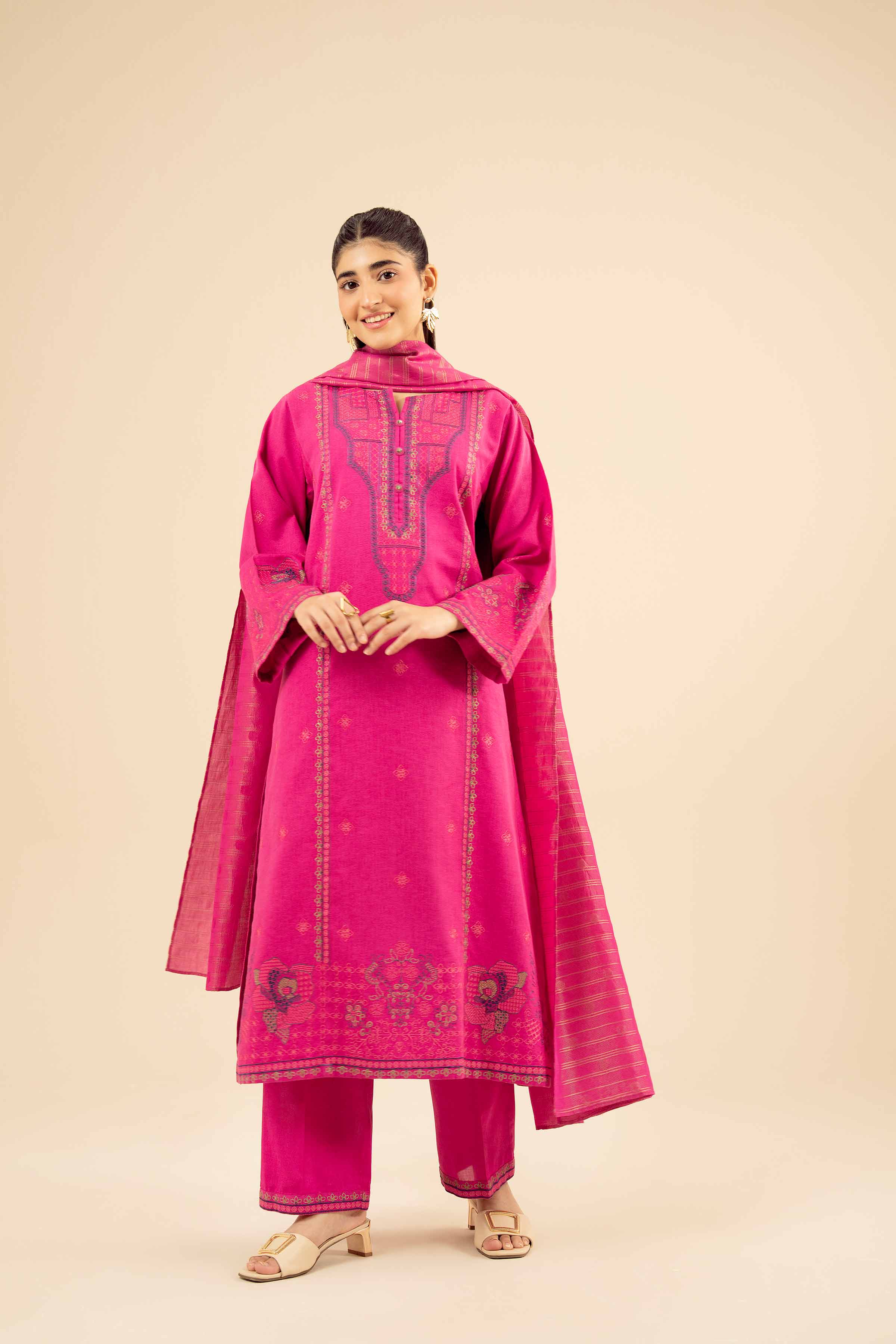 3 Piece - Embroidered Suit - PW25-416 READY TO WEAR Pink Karandi 3PC Embroidered