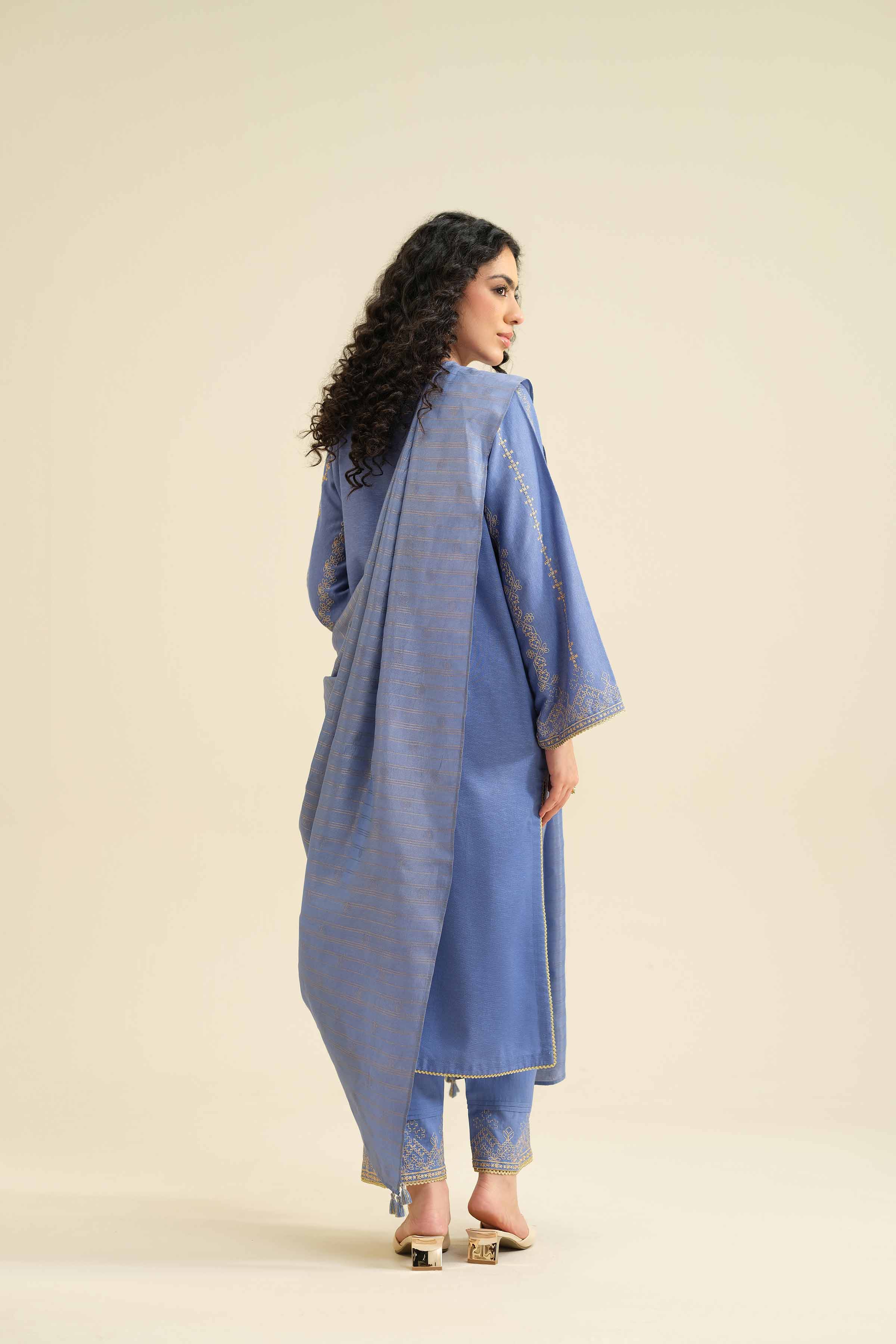 3 Piece - Embroidered Suit - PW25-417 READY TO WEAR Blue Karandi 3PC Embroidered