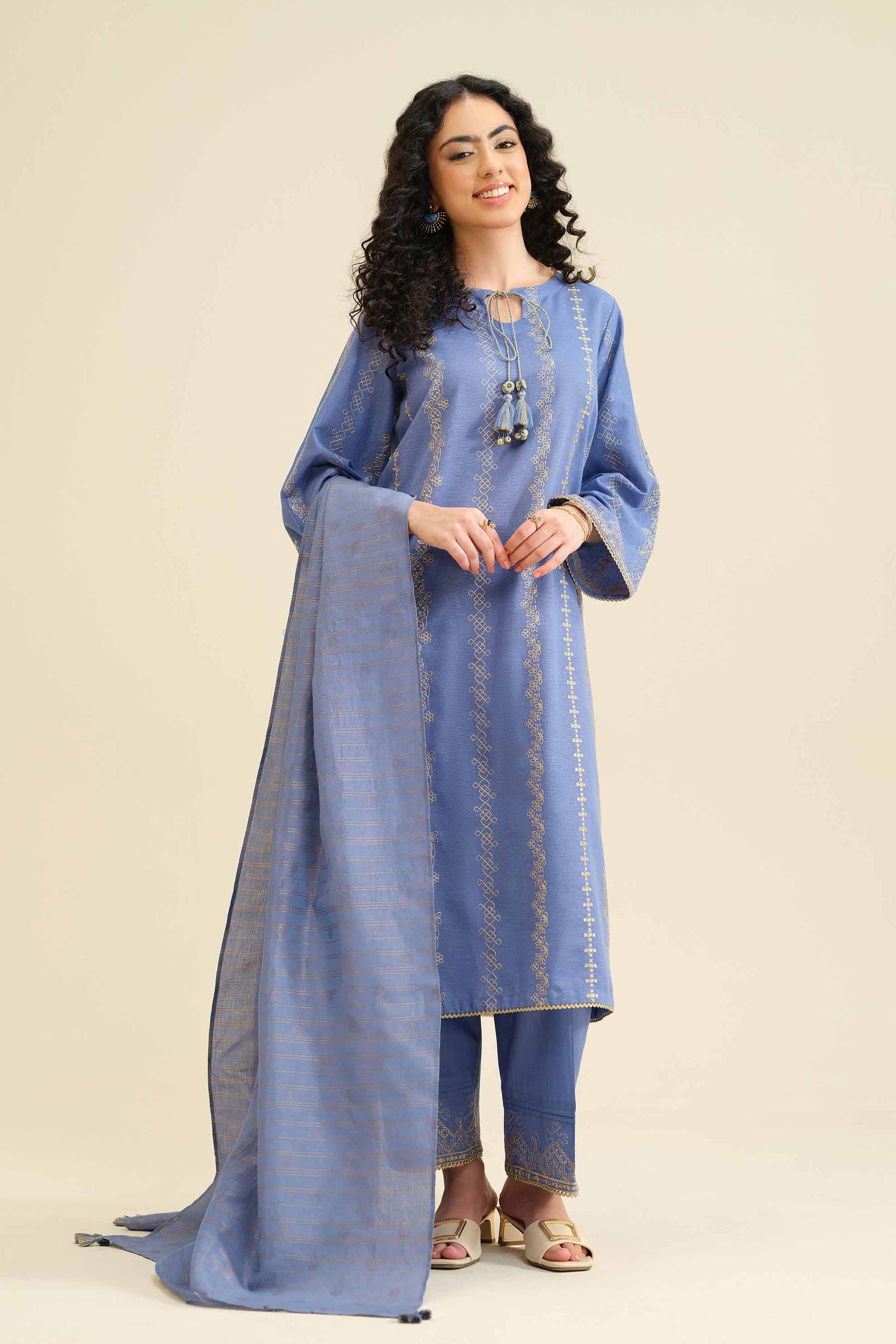 3 Piece - Embroidered Suit - PW25-417 READY TO WEAR Blue Karandi 3PC Embroidered