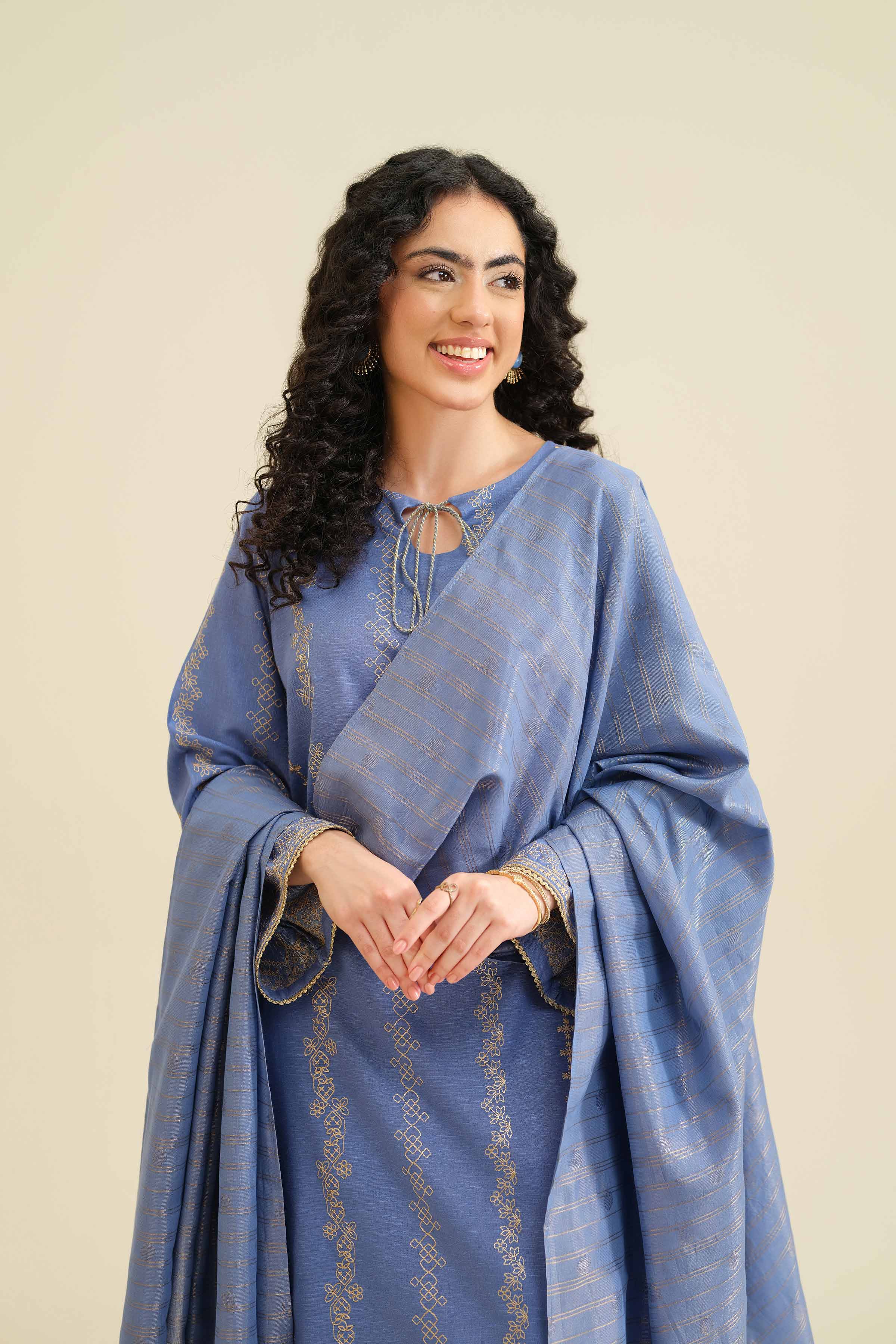 3 Piece - Embroidered Suit - PW25-417 READY TO WEAR Blue Karandi 3PC Embroidered