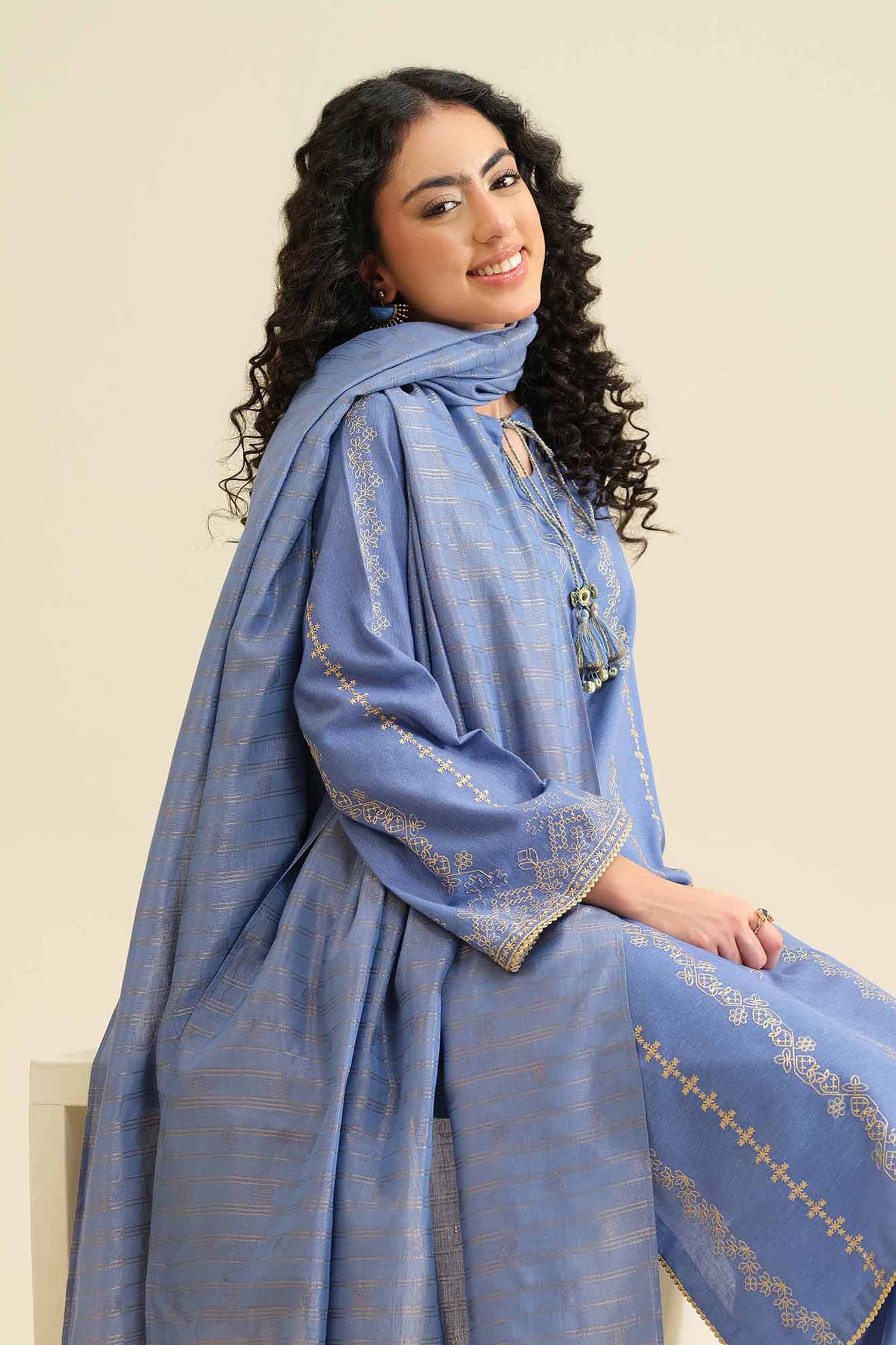 3 Piece - Embroidered Suit - PW25-417 READY TO WEAR Blue Karandi 3PC Embroidered