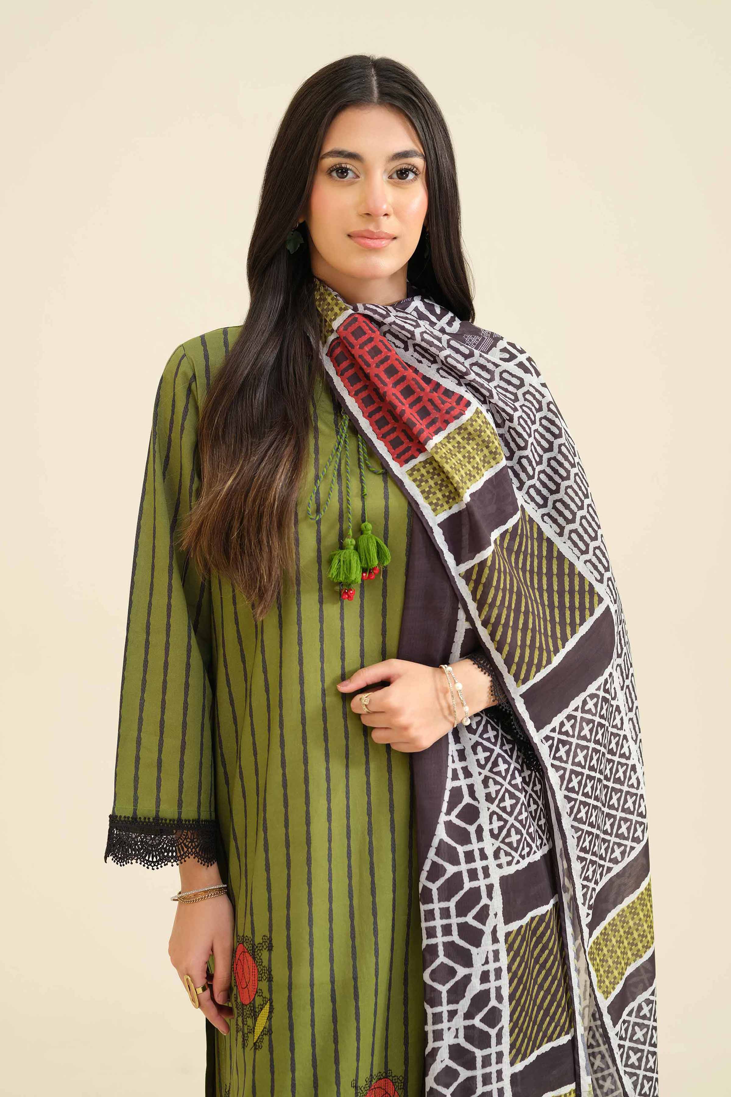 3 Piece - Printed Embroidered Suit - PW25-419 READY TO WEAR Green Cambric 3PC Embroidered
