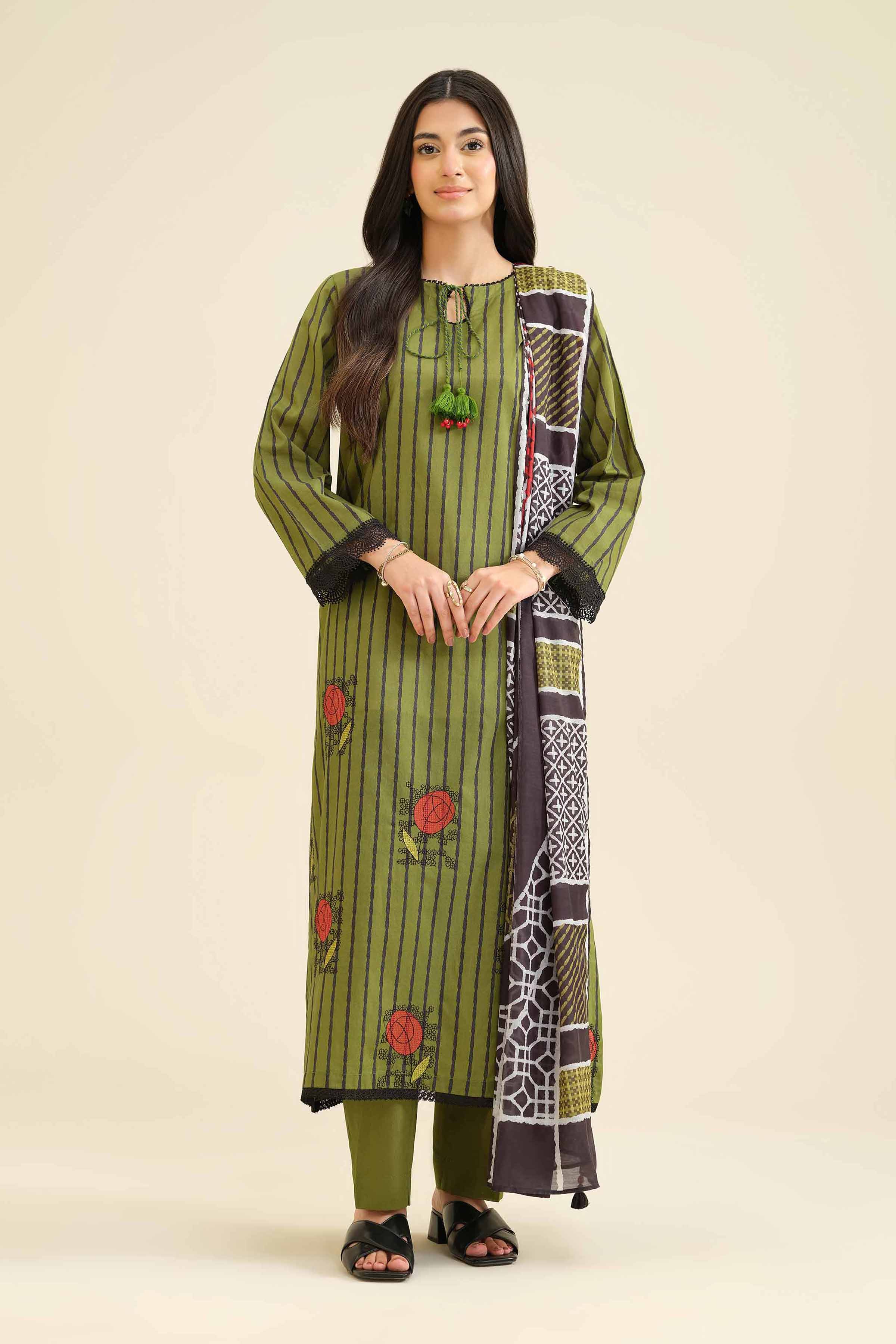 3 Piece - Printed Embroidered Suit - PW25-419 READY TO WEAR Green Cambric 3PC Embroidered