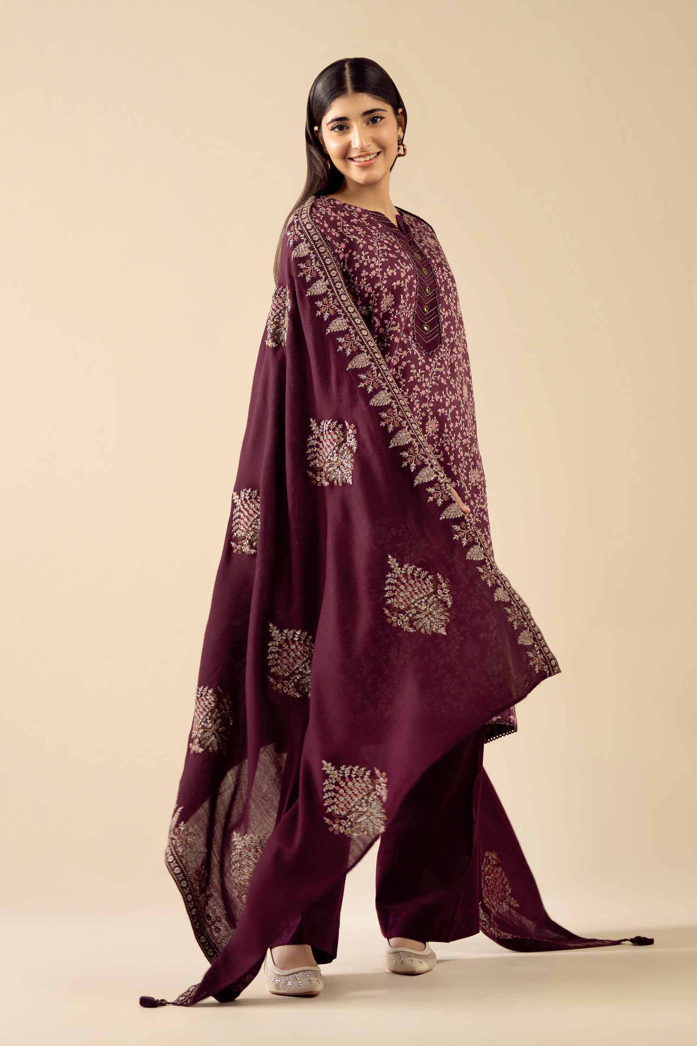 3 Piece - Printed Embroidered Suit - PW25-429 READY TO WEAR Purple Karandi 3PC Embroidered