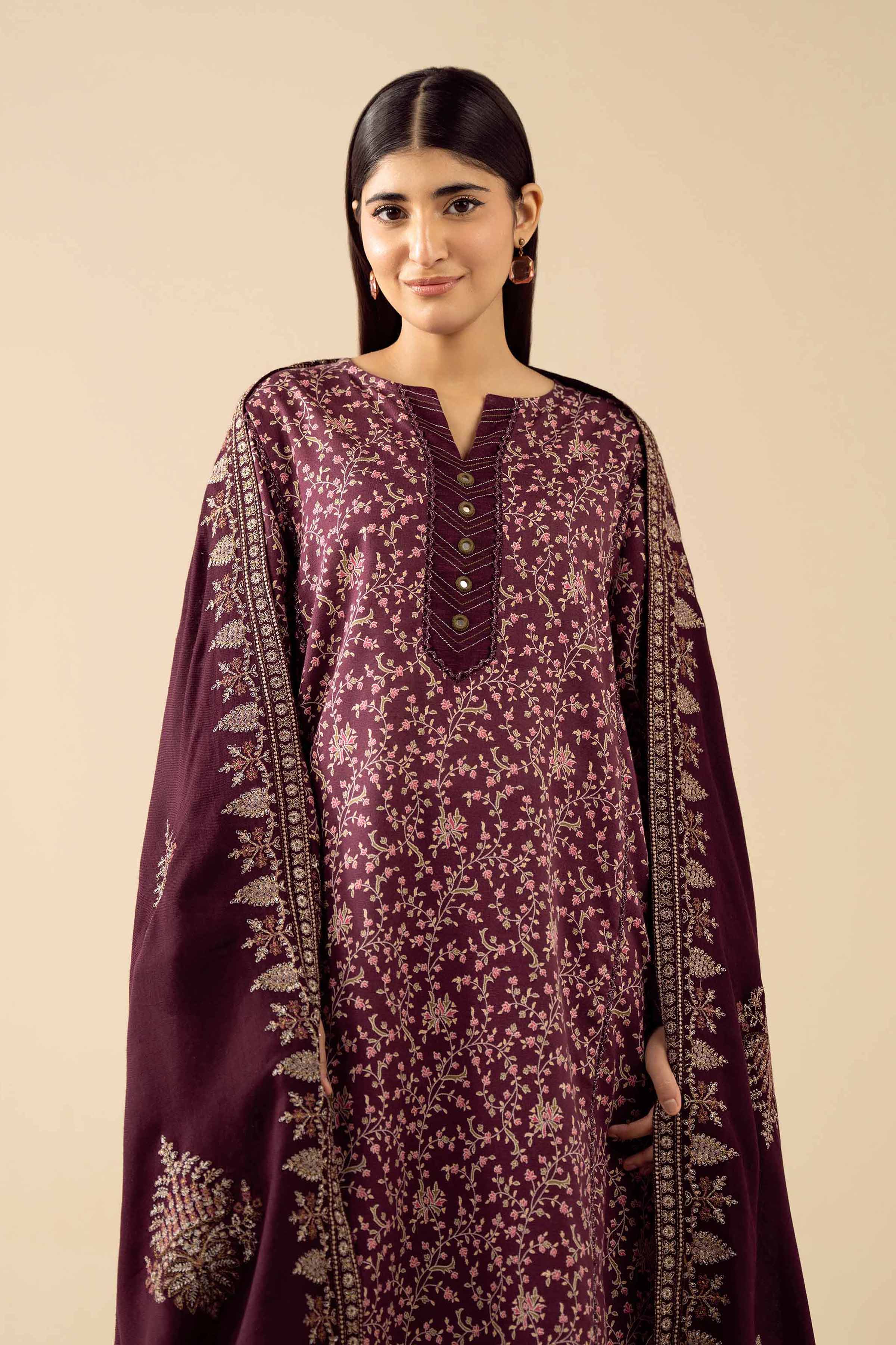 3 Piece - Printed Embroidered Suit - PW25-429 READY TO WEAR Purple Karandi 3PC Embroidered
