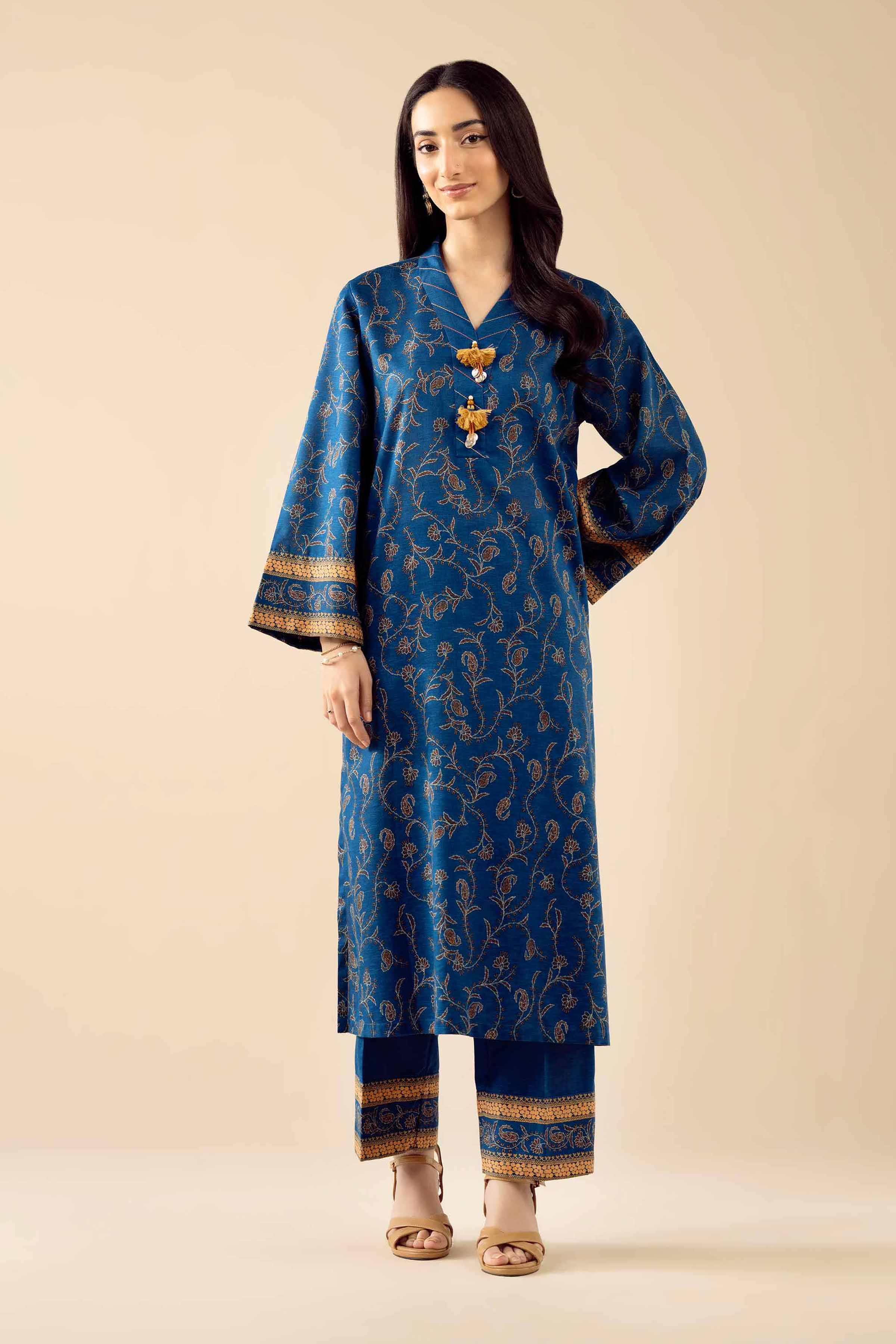 2 Piece - Printed Embroidered Suit - PW25-430 READY TO WEAR Blue Karandi 2PC Embroidered