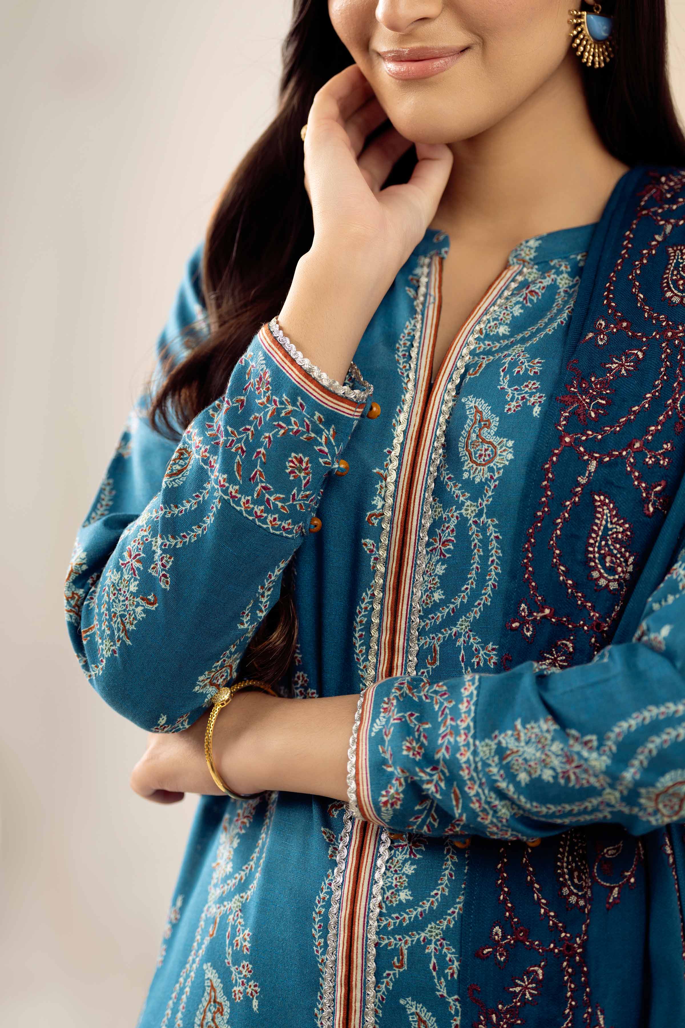 3 Piece - Printed Embroidered Suit - PW25-431 READY TO WEAR Blue Karandi 3PC Embroidered