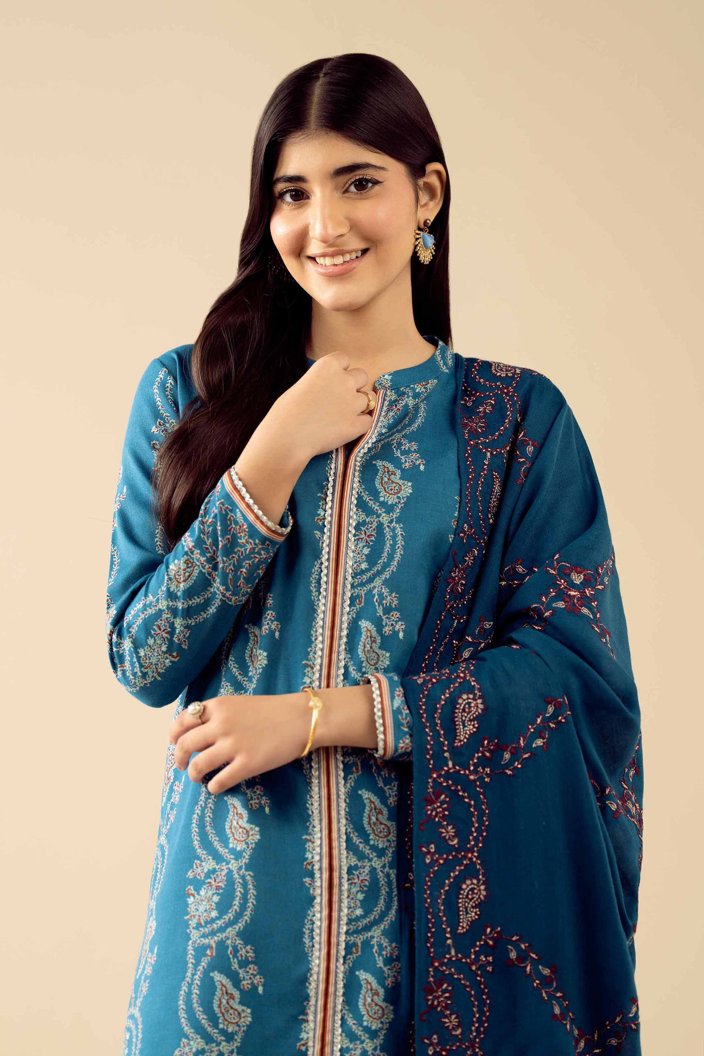 3 Piece - Printed Embroidered Suit - PW25-431 READY TO WEAR Blue Karandi 3PC Embroidered