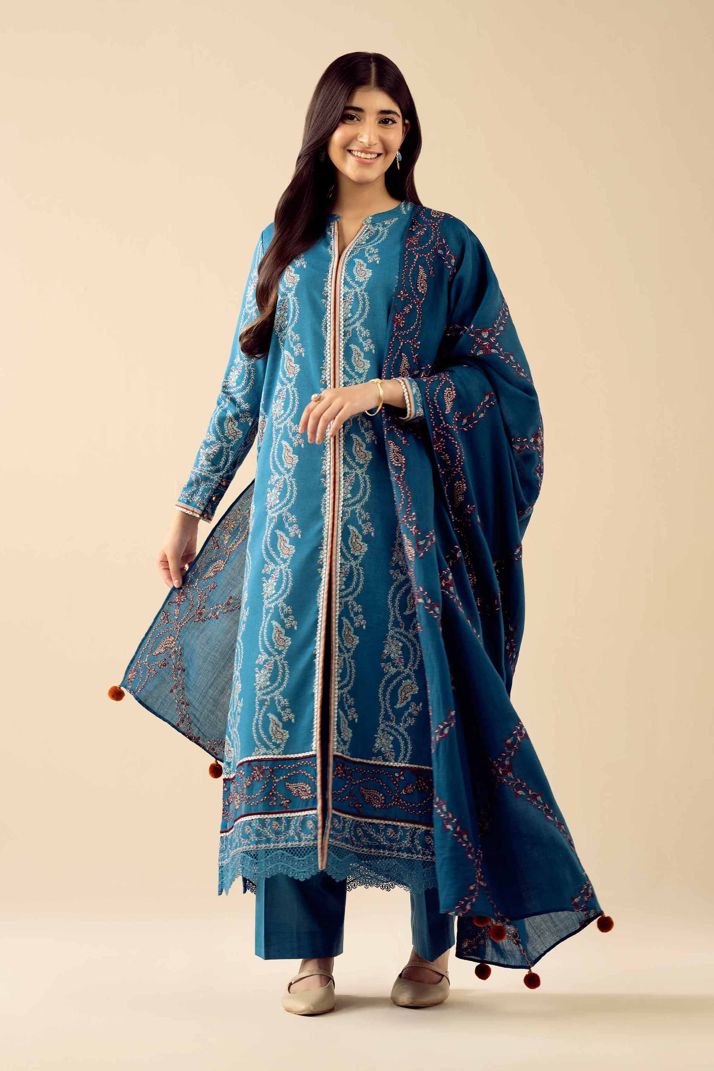 3 Piece - Printed Embroidered Suit - PW25-431 READY TO WEAR Blue Karandi 3PC Embroidered