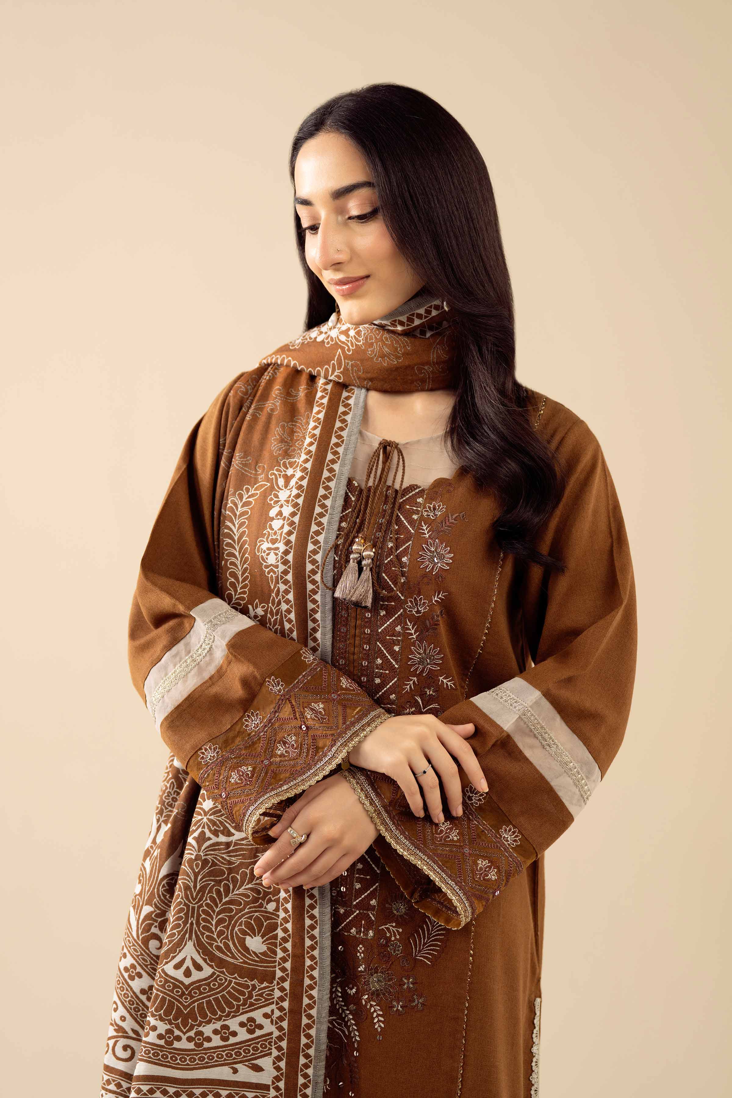 3 Piece - Embroidered Suit - PW25-433 READY TO WEAR Brown Karandi 3PC Embroidered