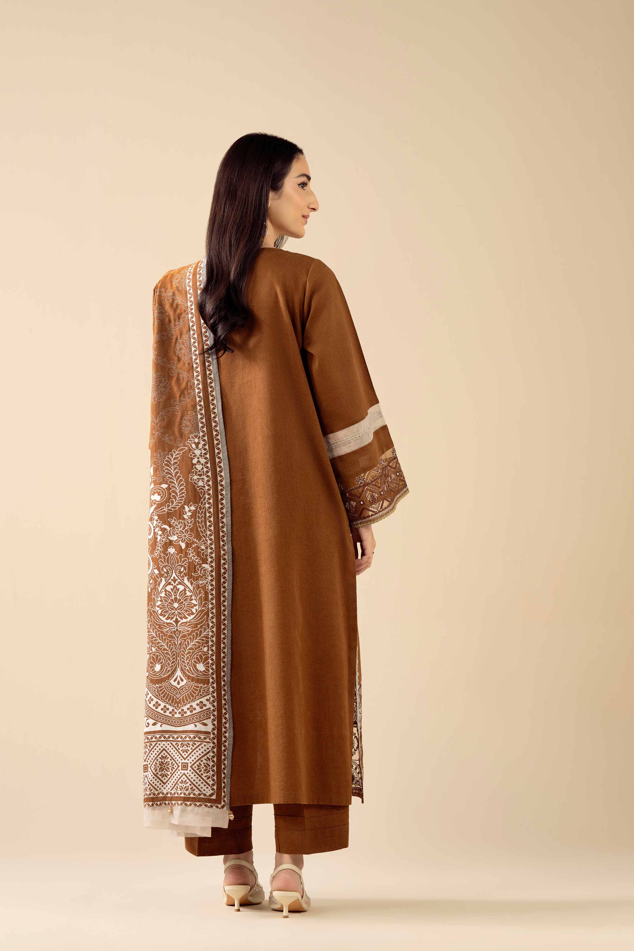 3 Piece - Embroidered Suit - PW25-433 READY TO WEAR Brown Karandi 3PC Embroidered