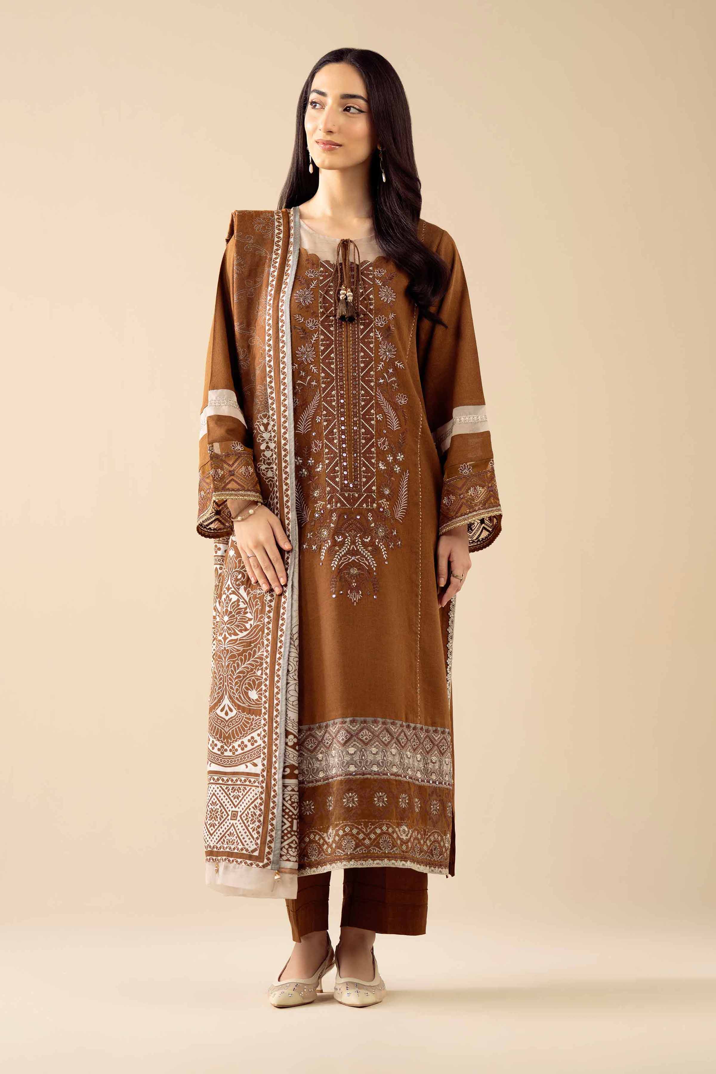 3 Piece - Embroidered Suit - PW25-433 READY TO WEAR Brown Karandi 3PC Embroidered