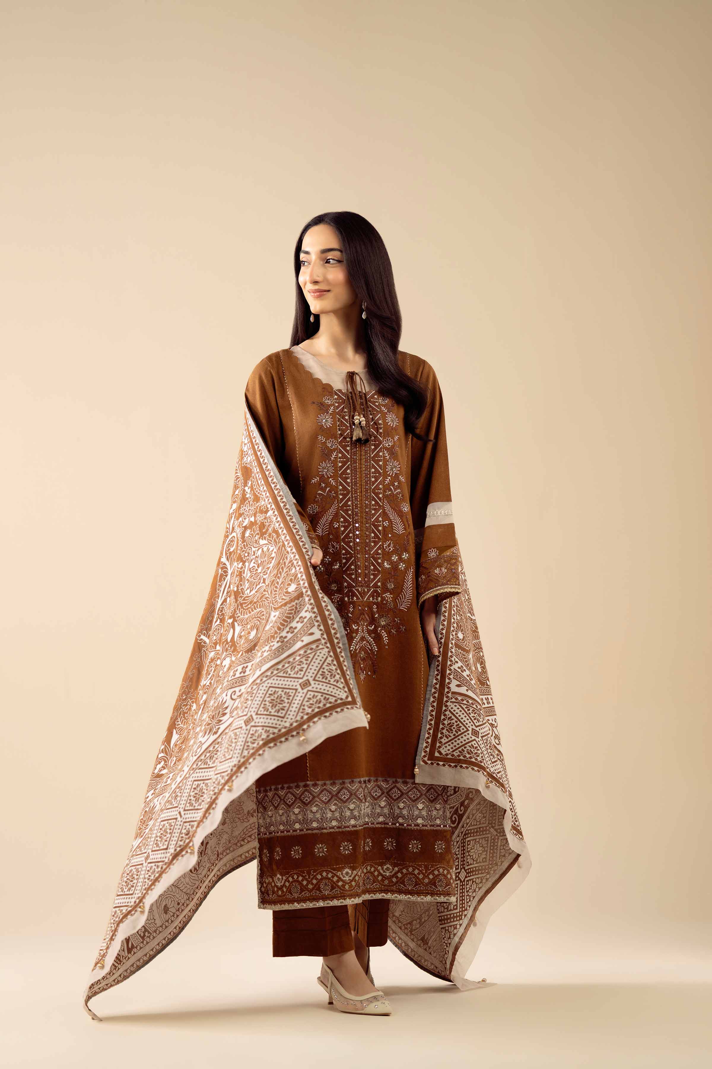 3 Piece - Embroidered Suit - PW25-433 READY TO WEAR Brown Karandi 3PC Embroidered