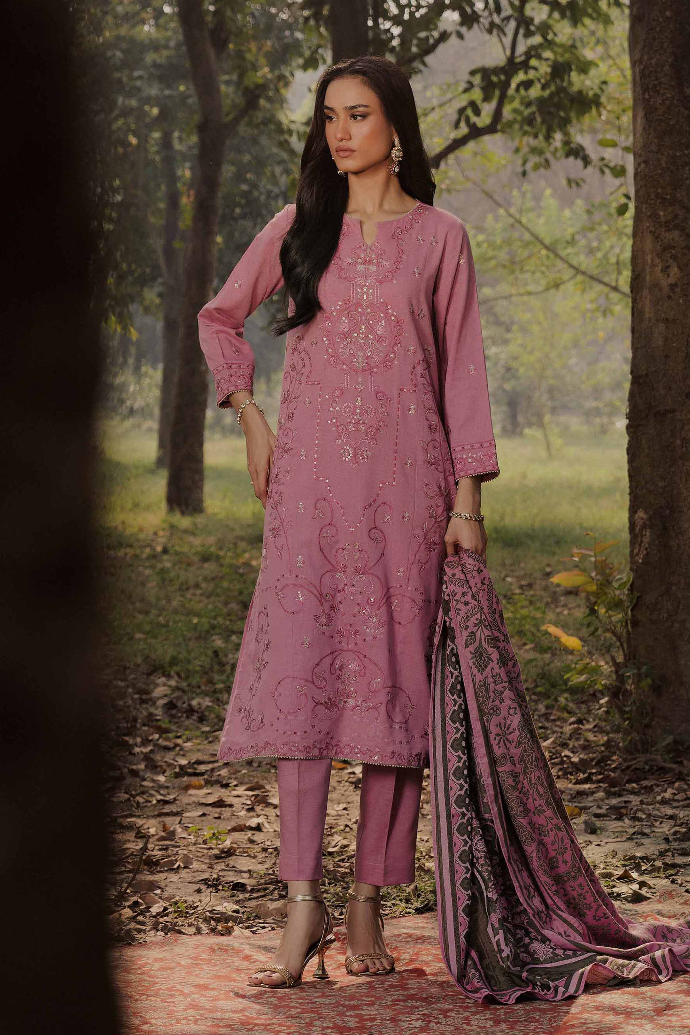 3 Piece - Embroidered Suit - PW25-436 READY TO WEAR Pink Karandi 3PC Embroidered