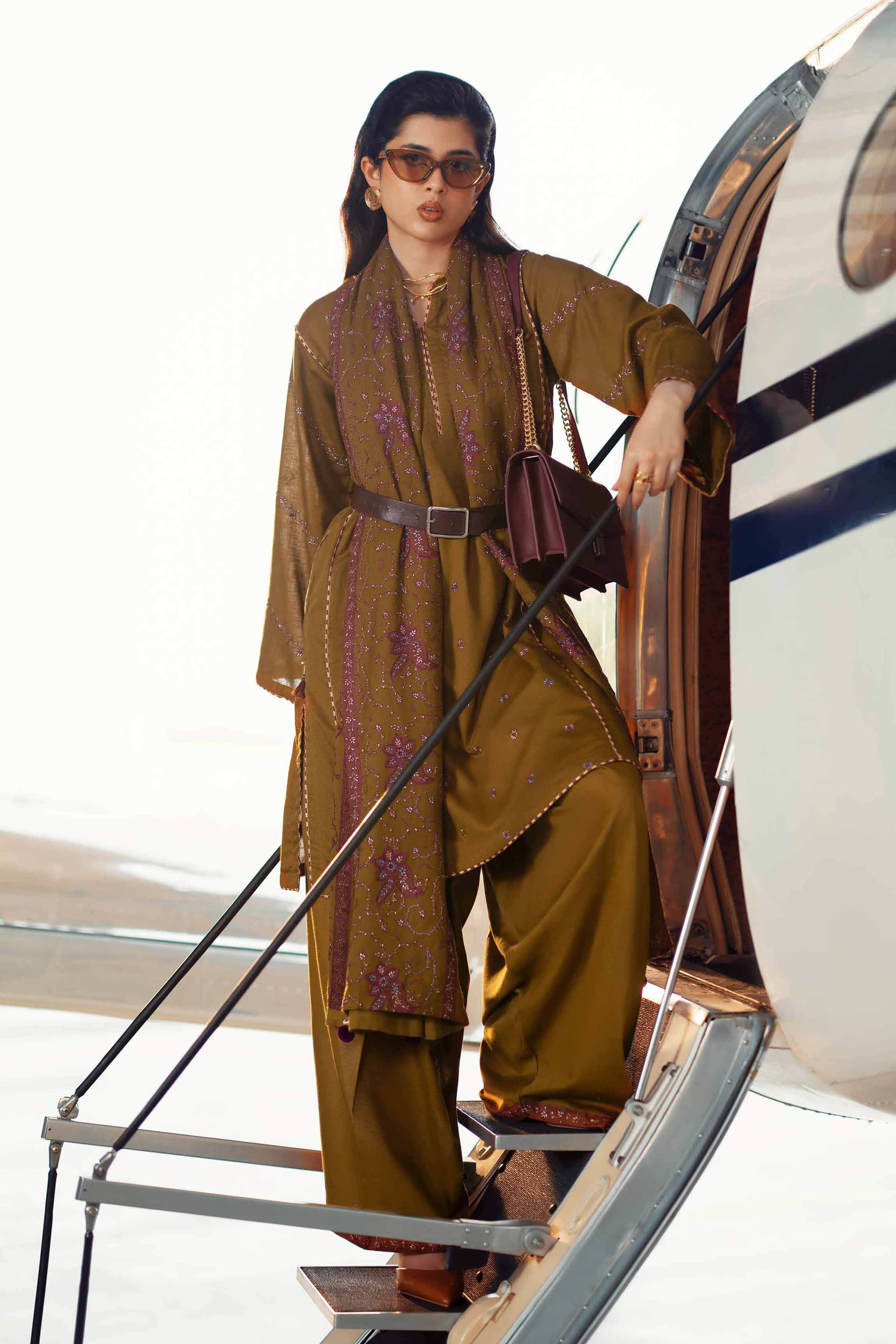 3 Piece - Embroidered Suit - PW25-438 READY TO WEAR Brown Karandi 3PC Embroidered