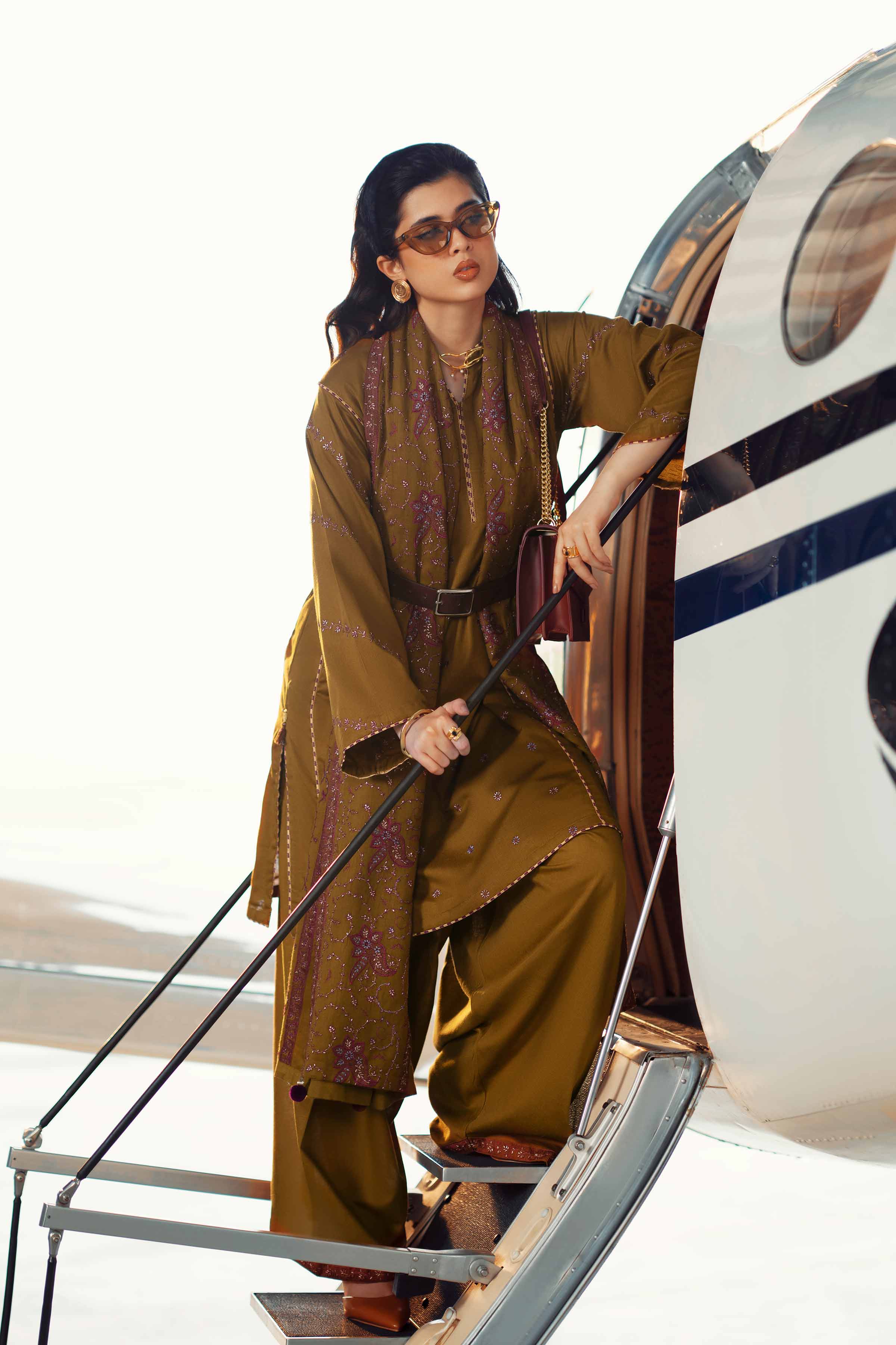 3 Piece - Embroidered Suit - PW25-438 READY TO WEAR Brown Karandi 3PC Embroidered