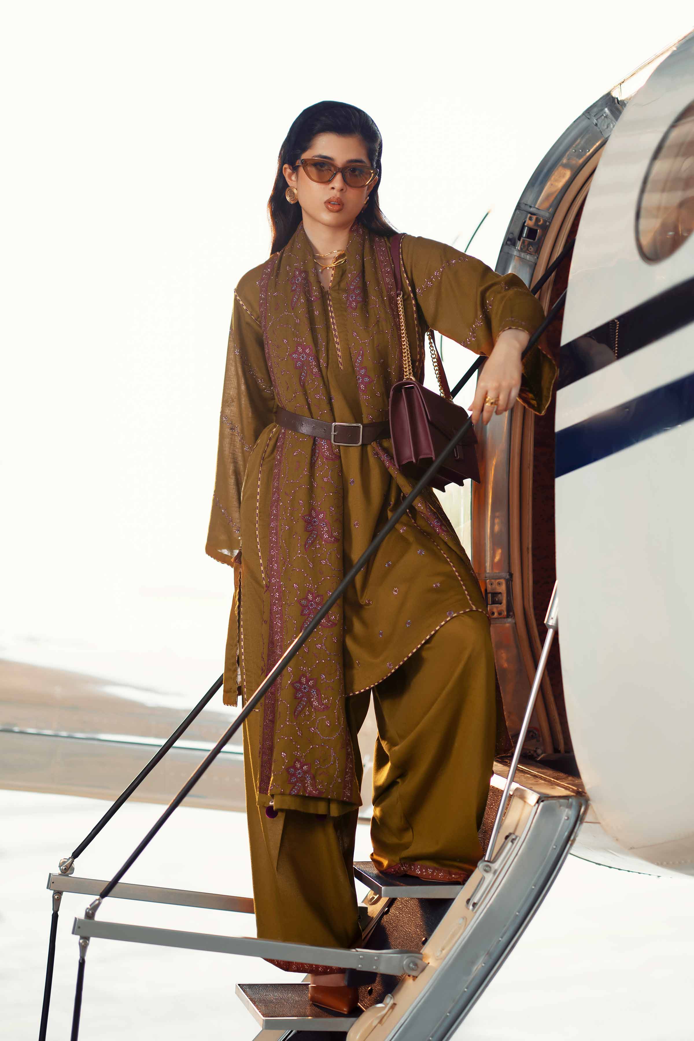 3 Piece - Embroidered Suit - PW25-438 READY TO WEAR Brown Karandi 3PC Embroidered