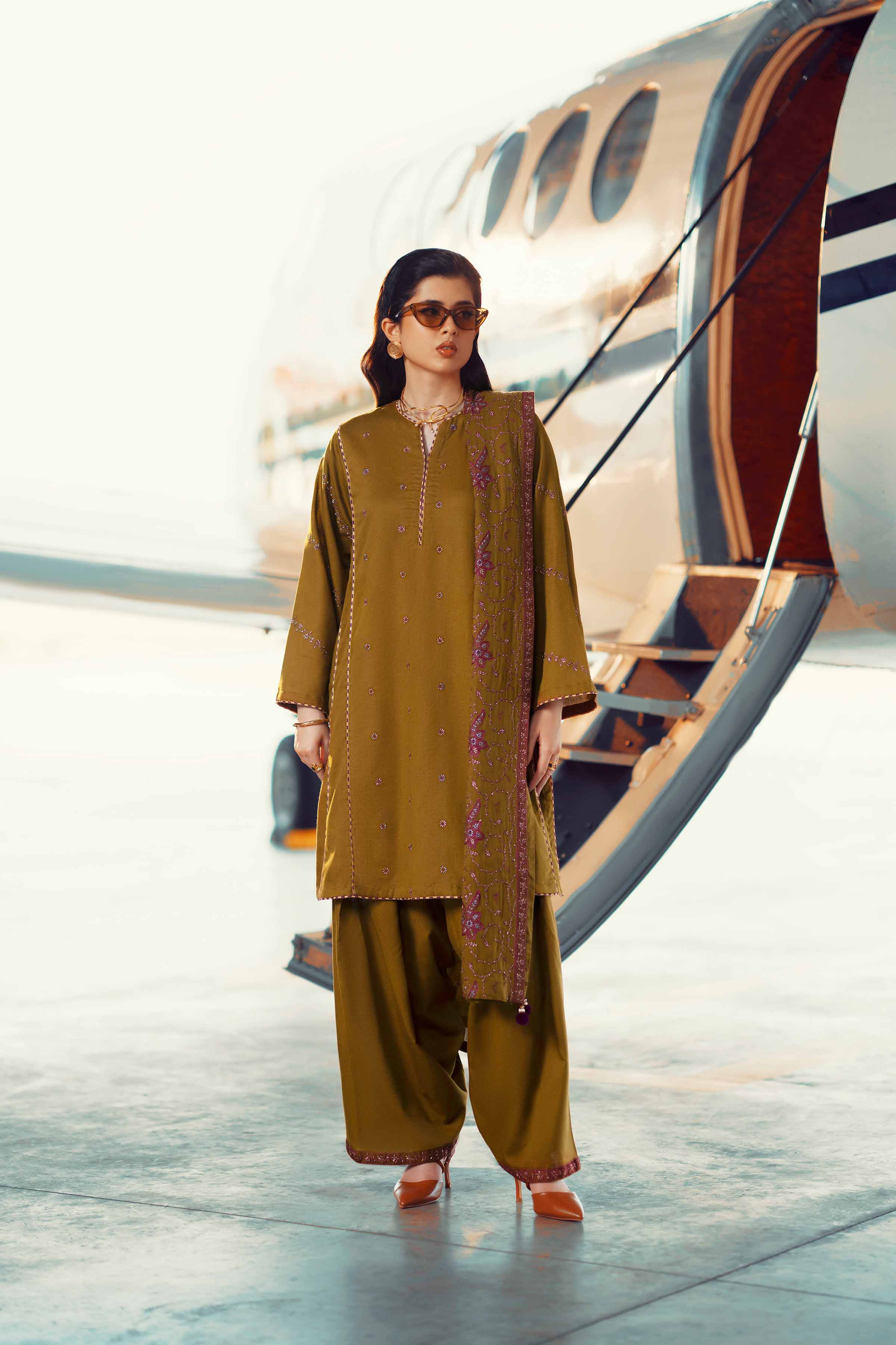 3 Piece - Embroidered Suit - PW25-438 READY TO WEAR Brown Karandi 3PC Embroidered