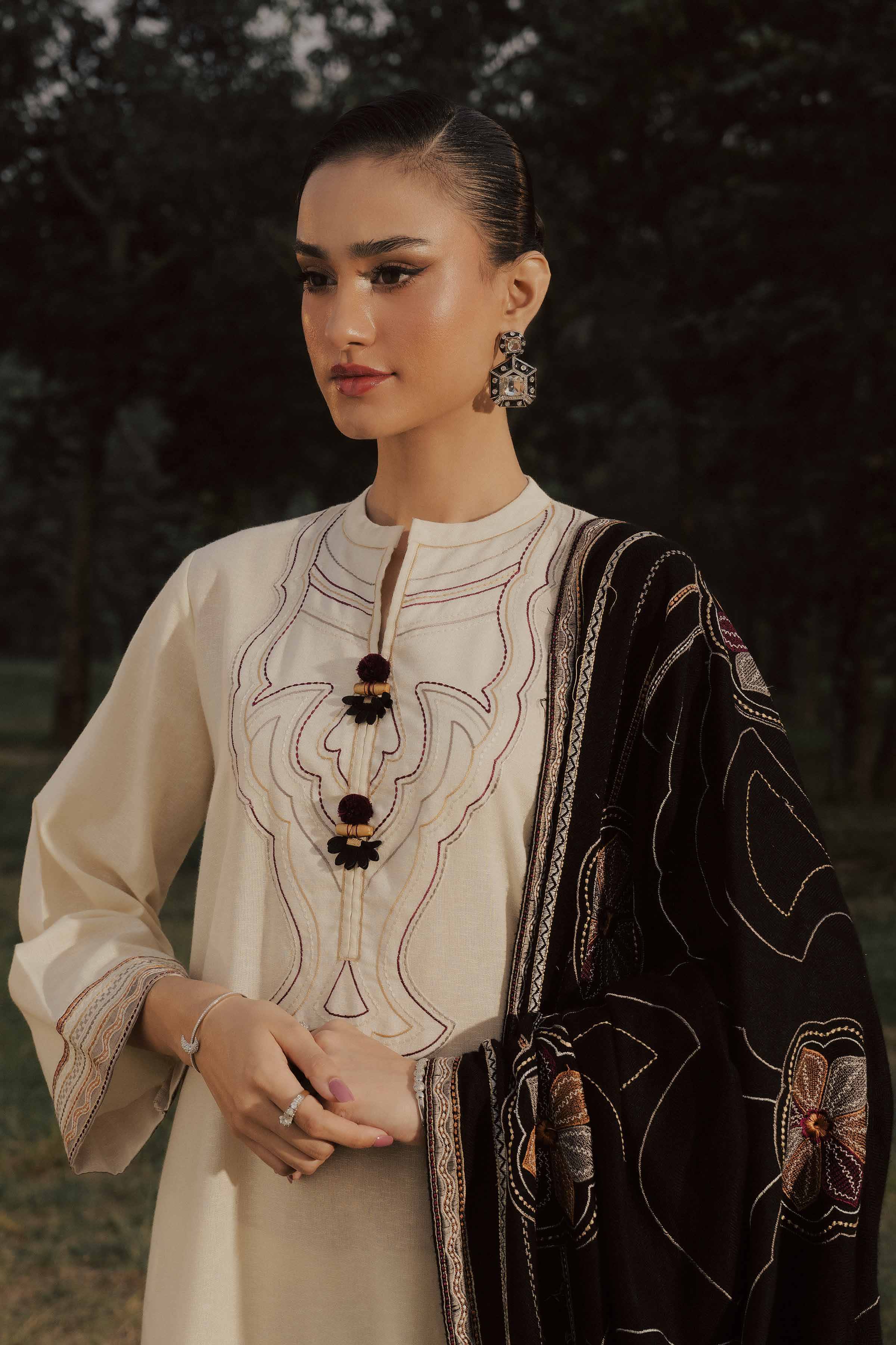 3 Piece - Embroidered Suit - PW25-442 READY TO WEAR White Karandi 3PC Embroidered