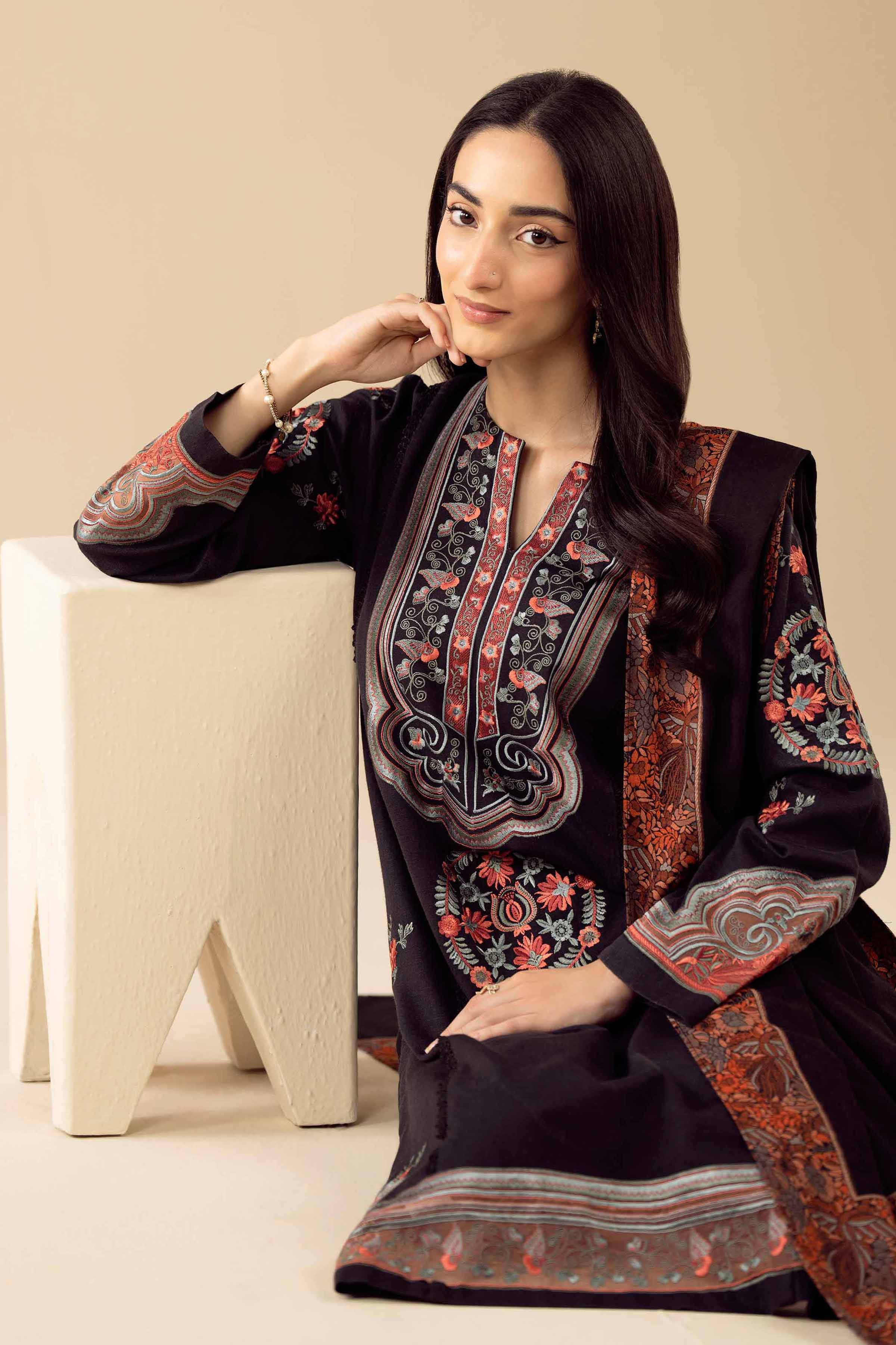 3 Piece - Embroidered Suit - PW25-443 READY TO WEAR Black Karandi 3PC Embroidered