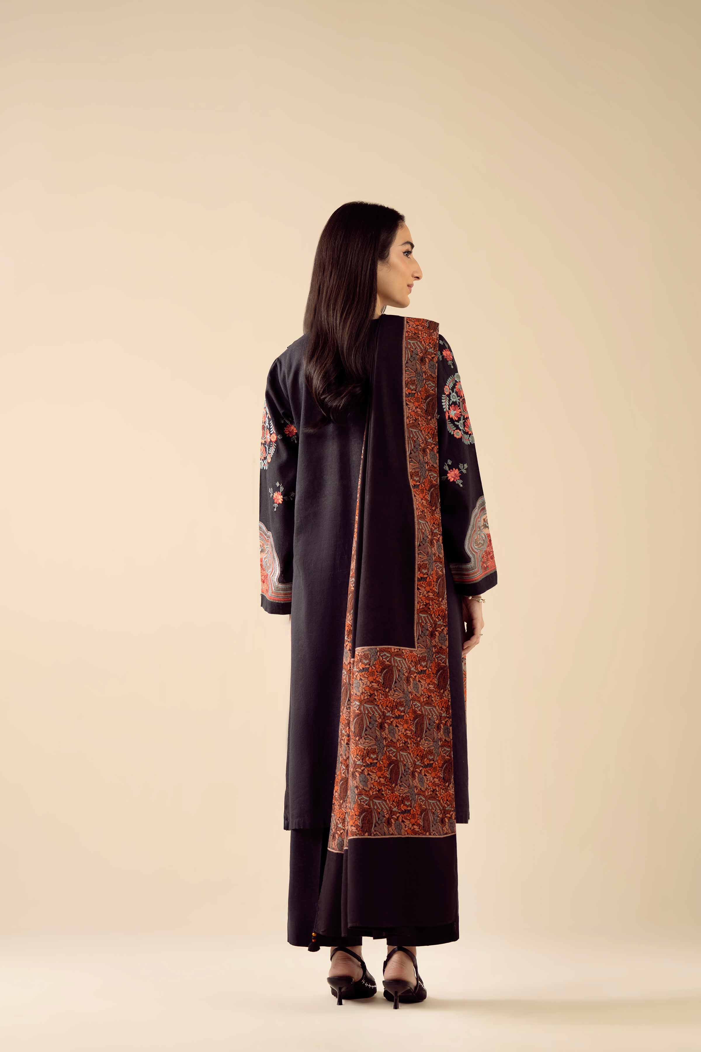 3 Piece - Embroidered Suit - PW25-443 READY TO WEAR Black Karandi 3PC Embroidered