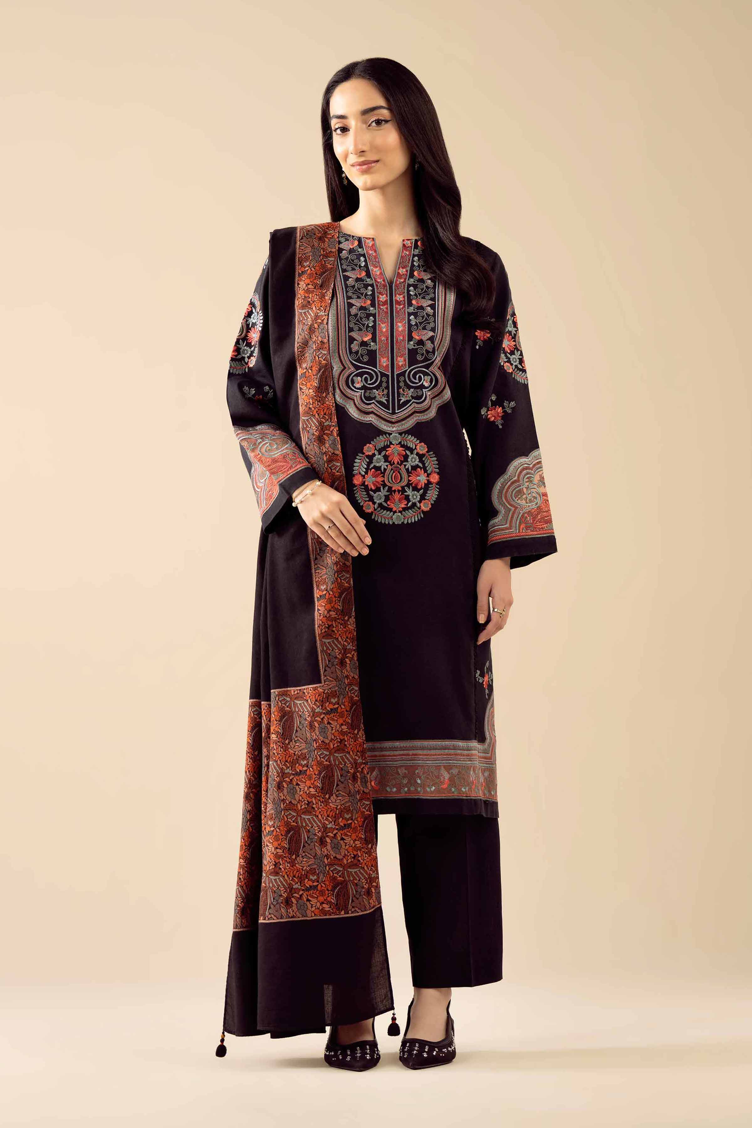 3 Piece - Embroidered Suit - PW25-443 READY TO WEAR Black Karandi 3PC Embroidered