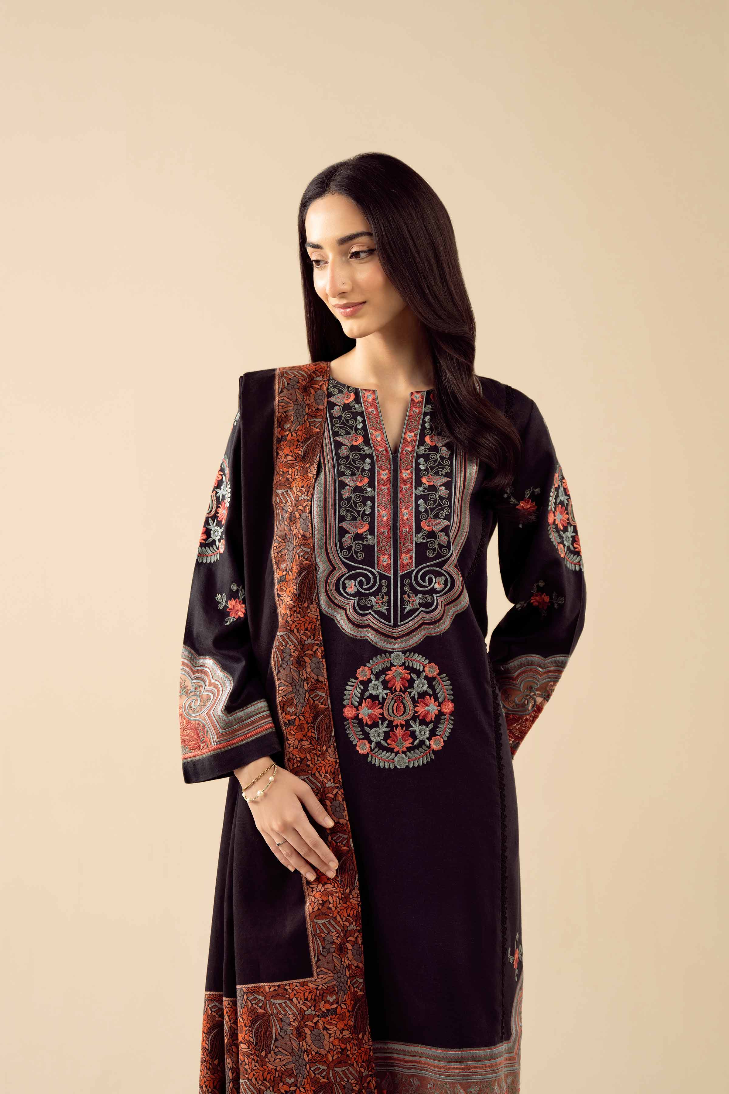 3 Piece - Embroidered Suit - PW25-443 READY TO WEAR Black Karandi 3PC Embroidered