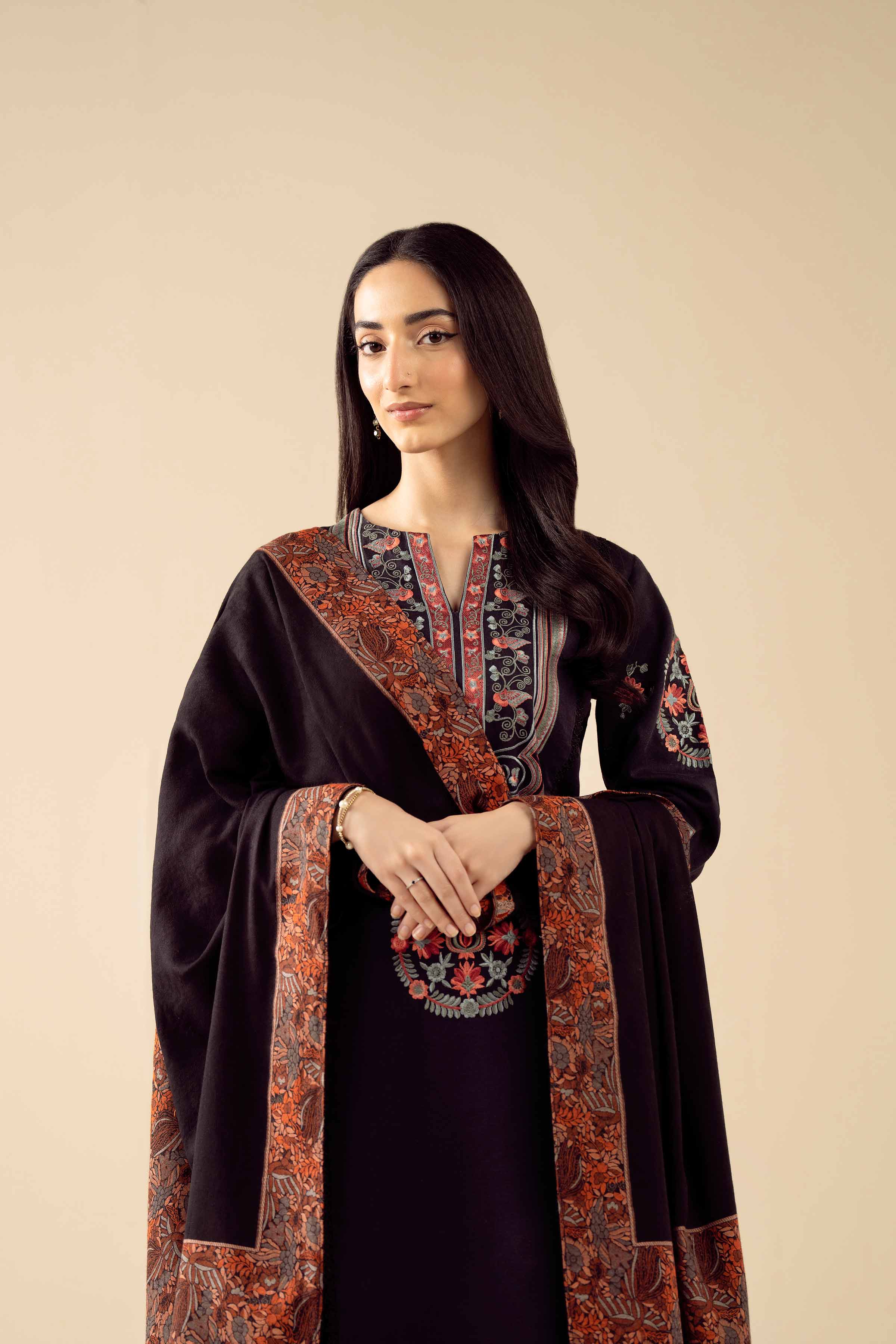 3 Piece - Embroidered Suit - PW25-443 READY TO WEAR Black Karandi 3PC Embroidered
