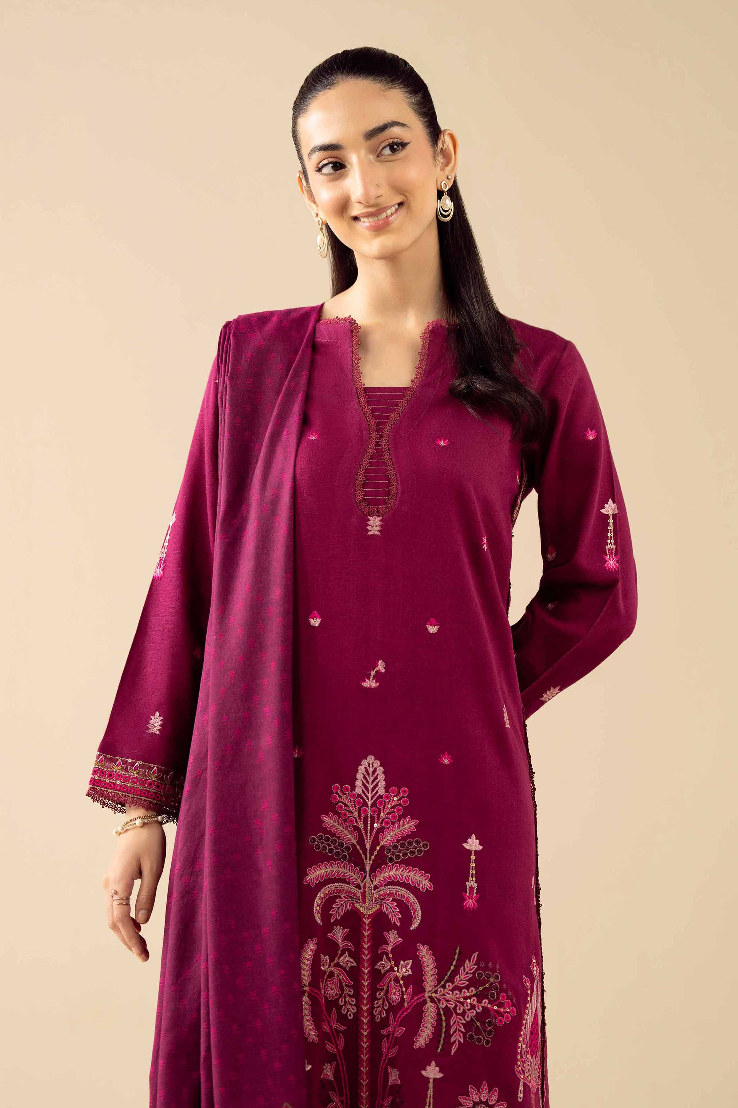 3 Piece - Embroidered Suit - PW25-444 READY TO WEAR Pink Karandi 3PC Embroidered