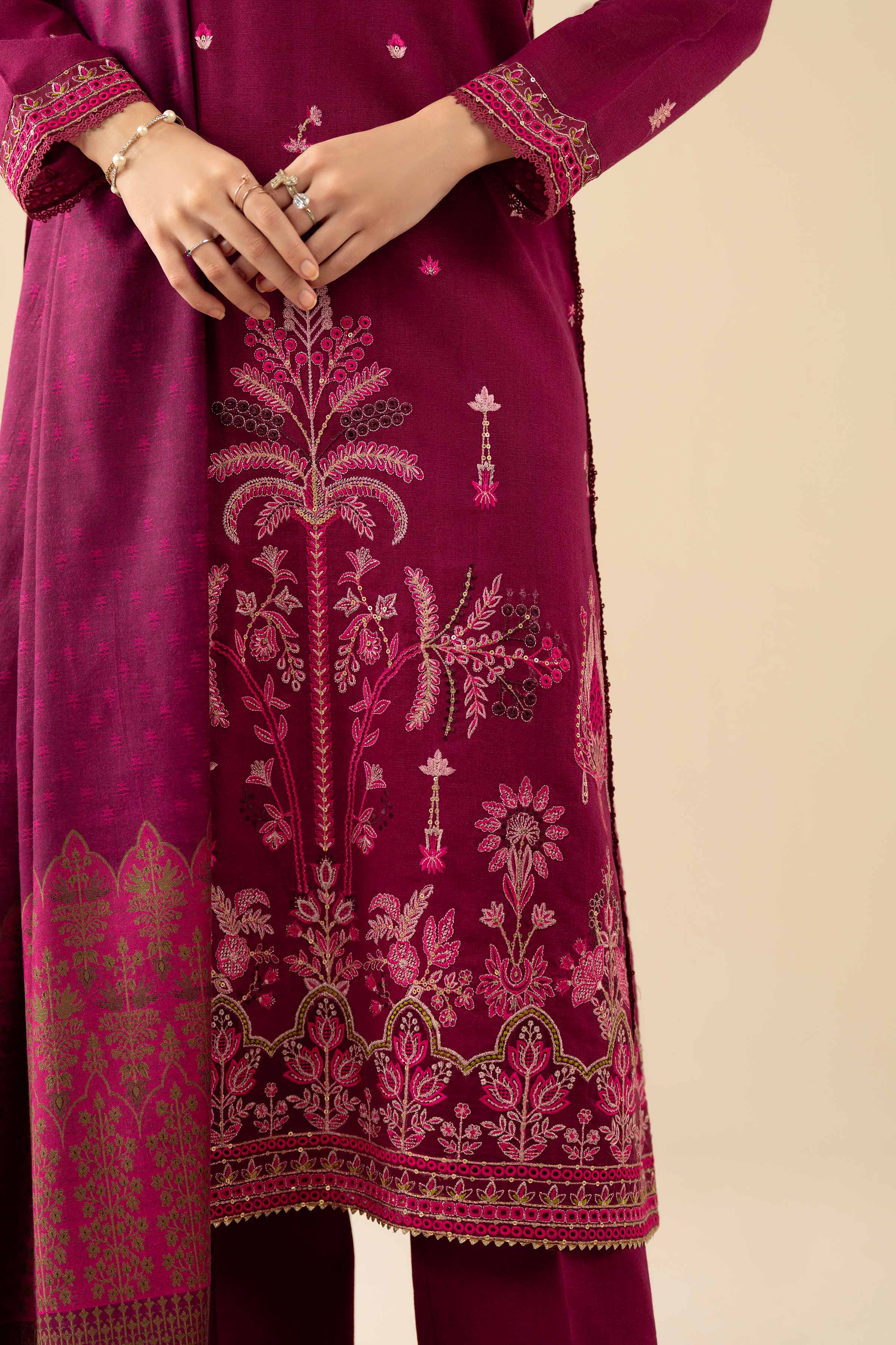 3 Piece - Embroidered Suit - PW25-444 READY TO WEAR Pink Karandi 3PC Embroidered