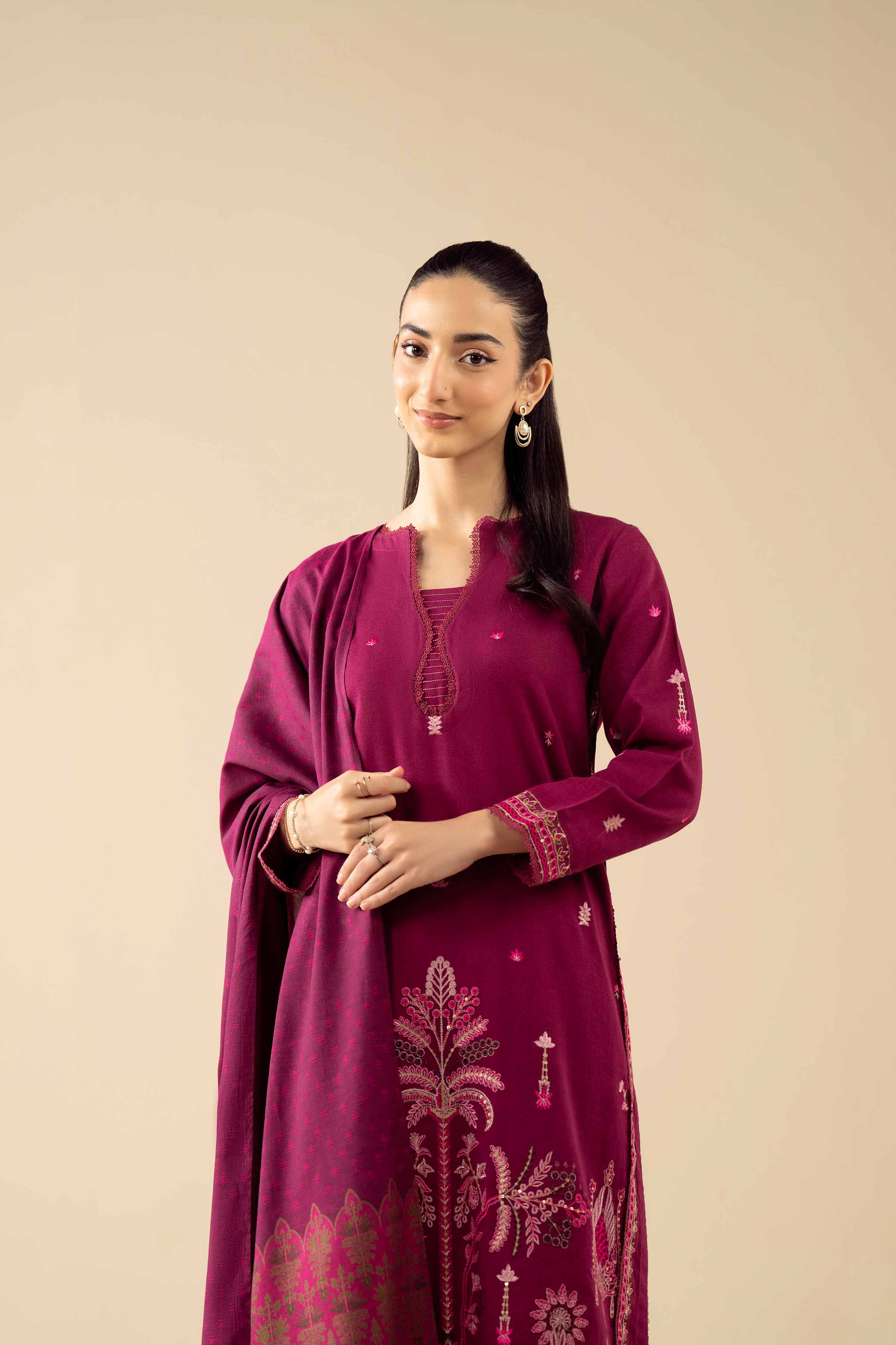3 Piece - Embroidered Suit - PW25-444 READY TO WEAR Pink Karandi 3PC Embroidered