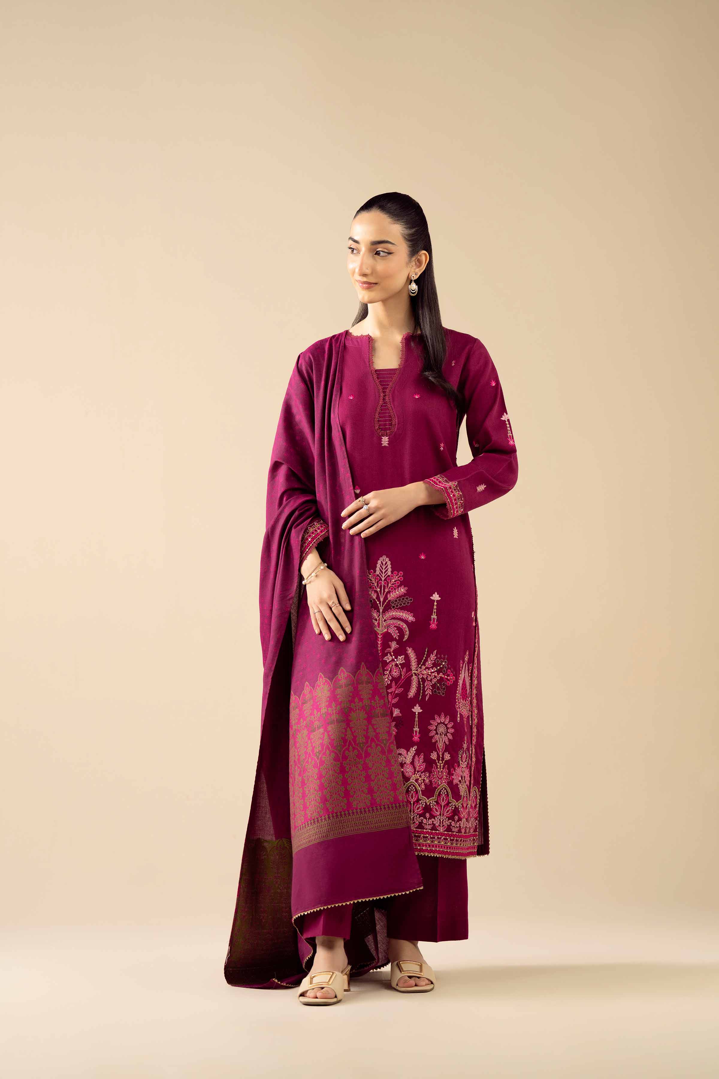 3 Piece - Embroidered Suit - PW25-444 READY TO WEAR Pink Karandi 3PC Embroidered