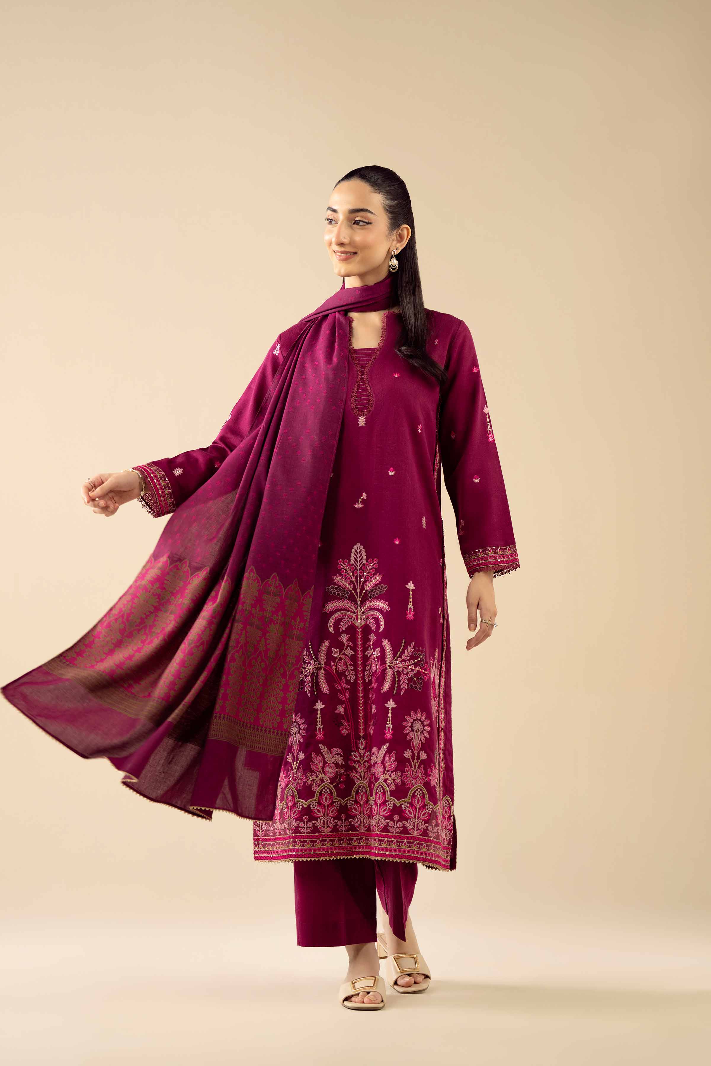 3 Piece - Embroidered Suit - PW25-444 READY TO WEAR Pink Karandi 3PC Embroidered