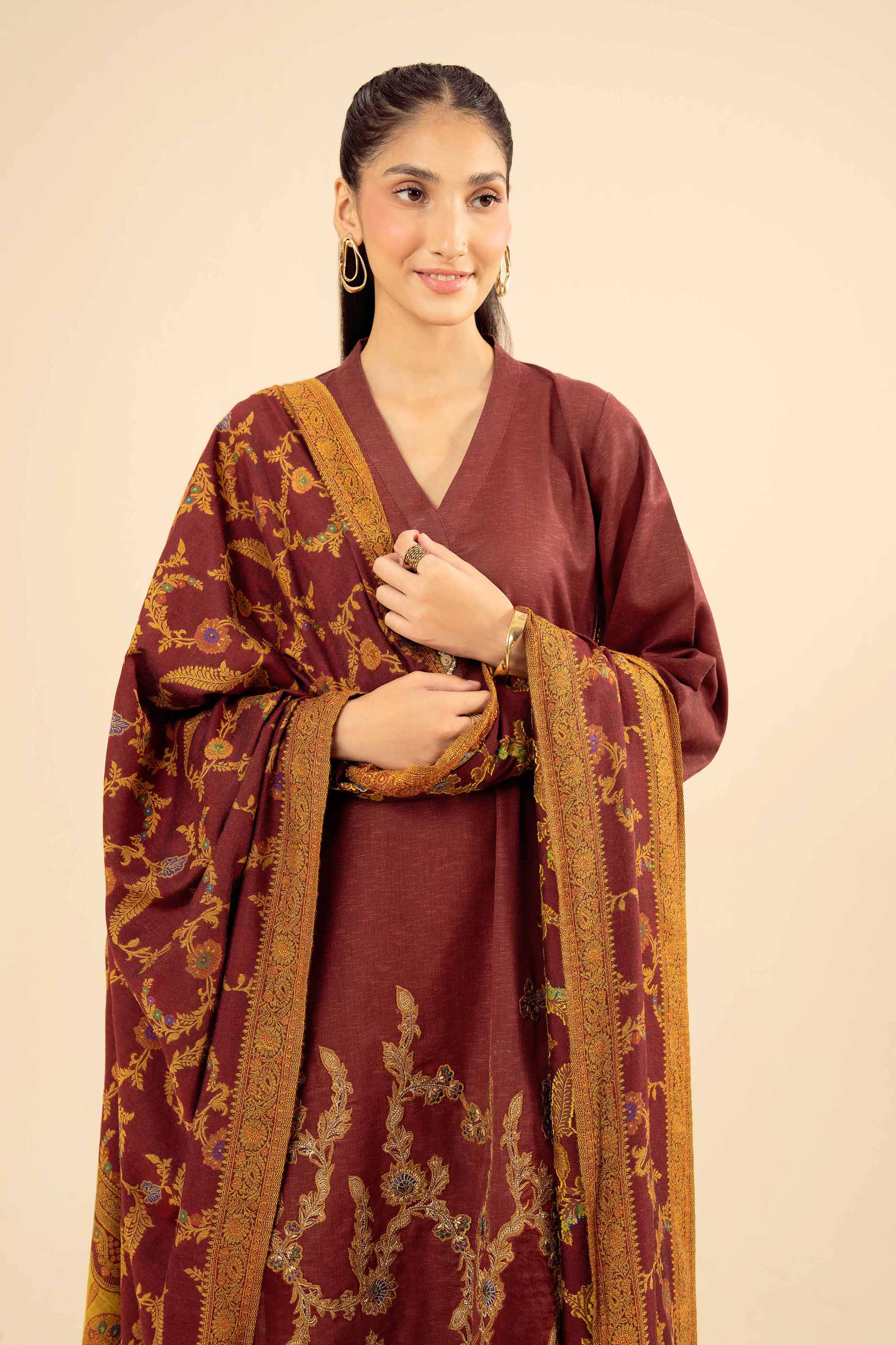 3 Piece - Embroidered Suit - PW25-445 READY TO WEAR Red Karandi 3PC Embroidered