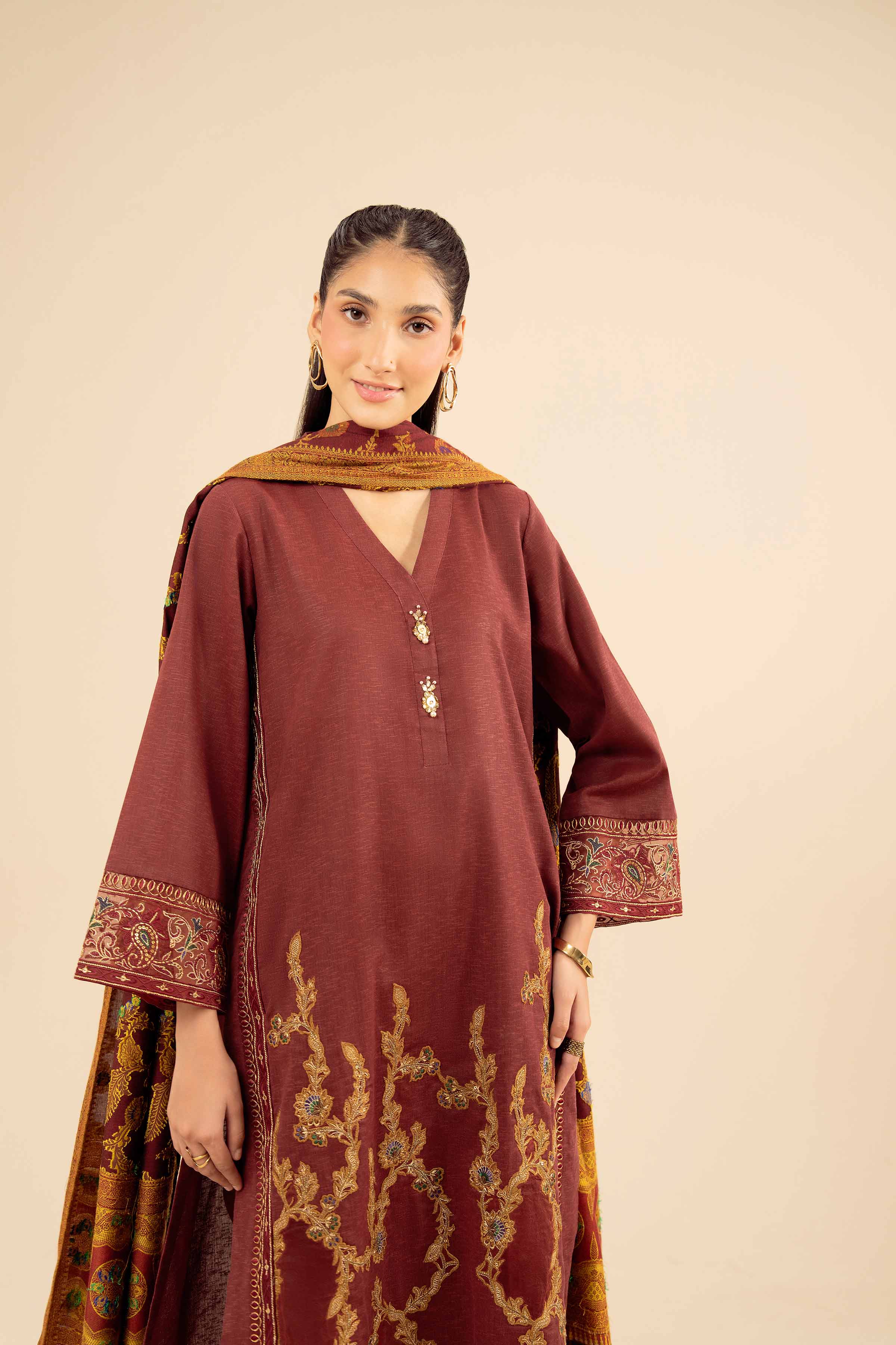 3 Piece - Embroidered Suit - PW25-445 READY TO WEAR Red Karandi 3PC Embroidered