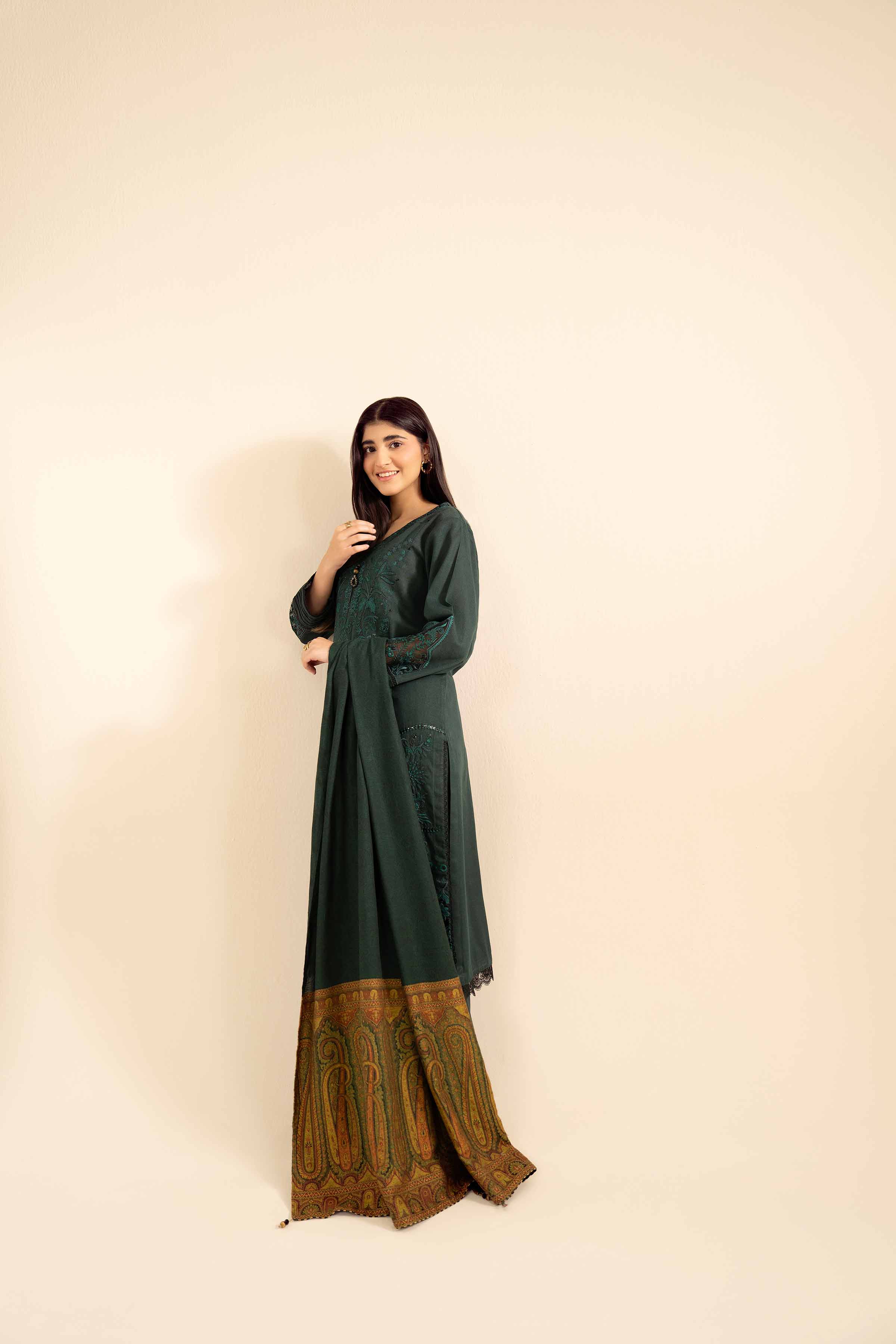 3 Piece - Embroidered Suit - PW25-447 READY TO WEAR Green Karandi 3PC Embroidered