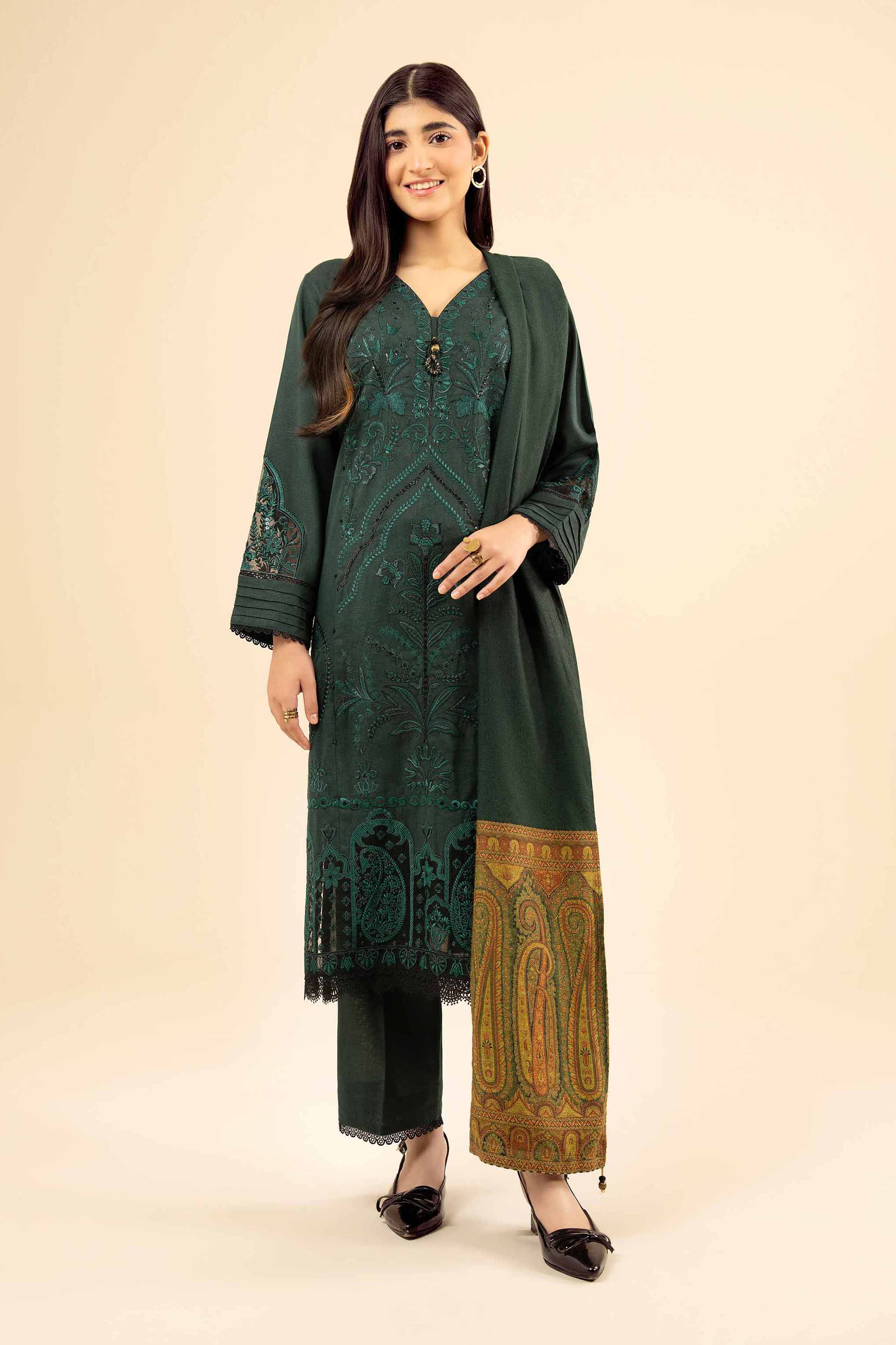 3 Piece - Embroidered Suit - PW25-447 READY TO WEAR Green Karandi 3PC Embroidered