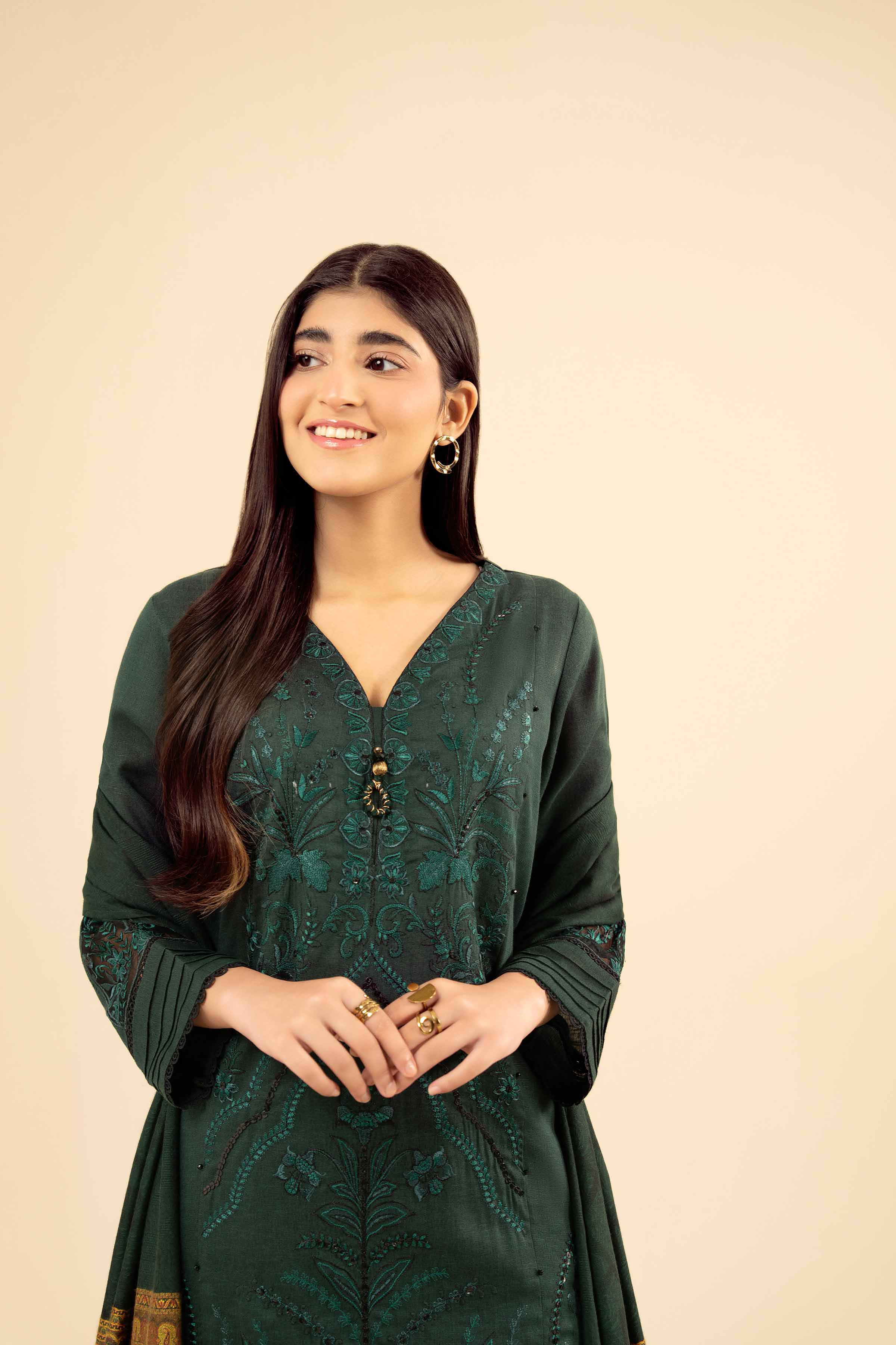 3 Piece - Embroidered Suit - PW25-447 READY TO WEAR Green Karandi 3PC Embroidered