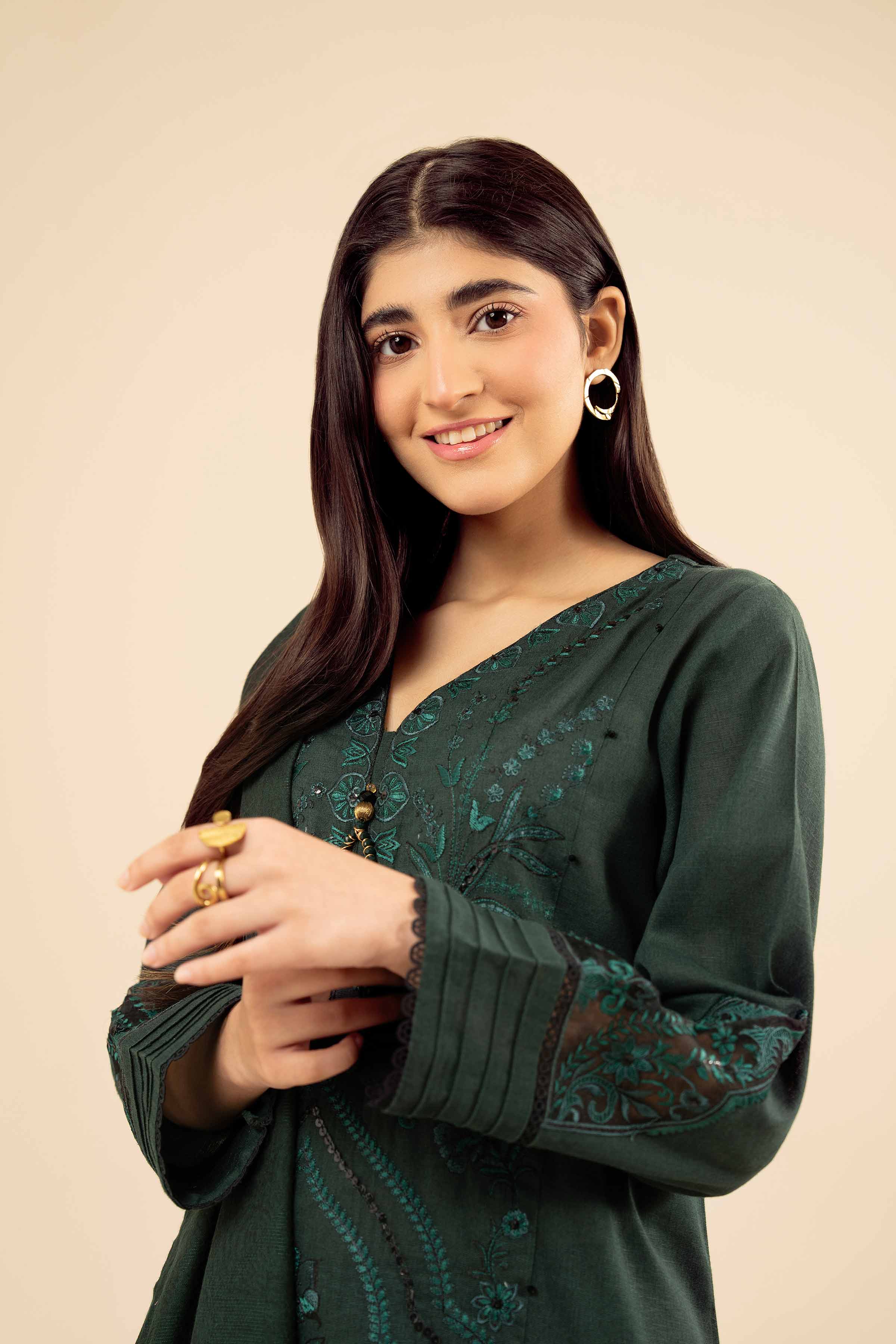 3 Piece - Embroidered Suit - PW25-447 READY TO WEAR Green Karandi 3PC Embroidered