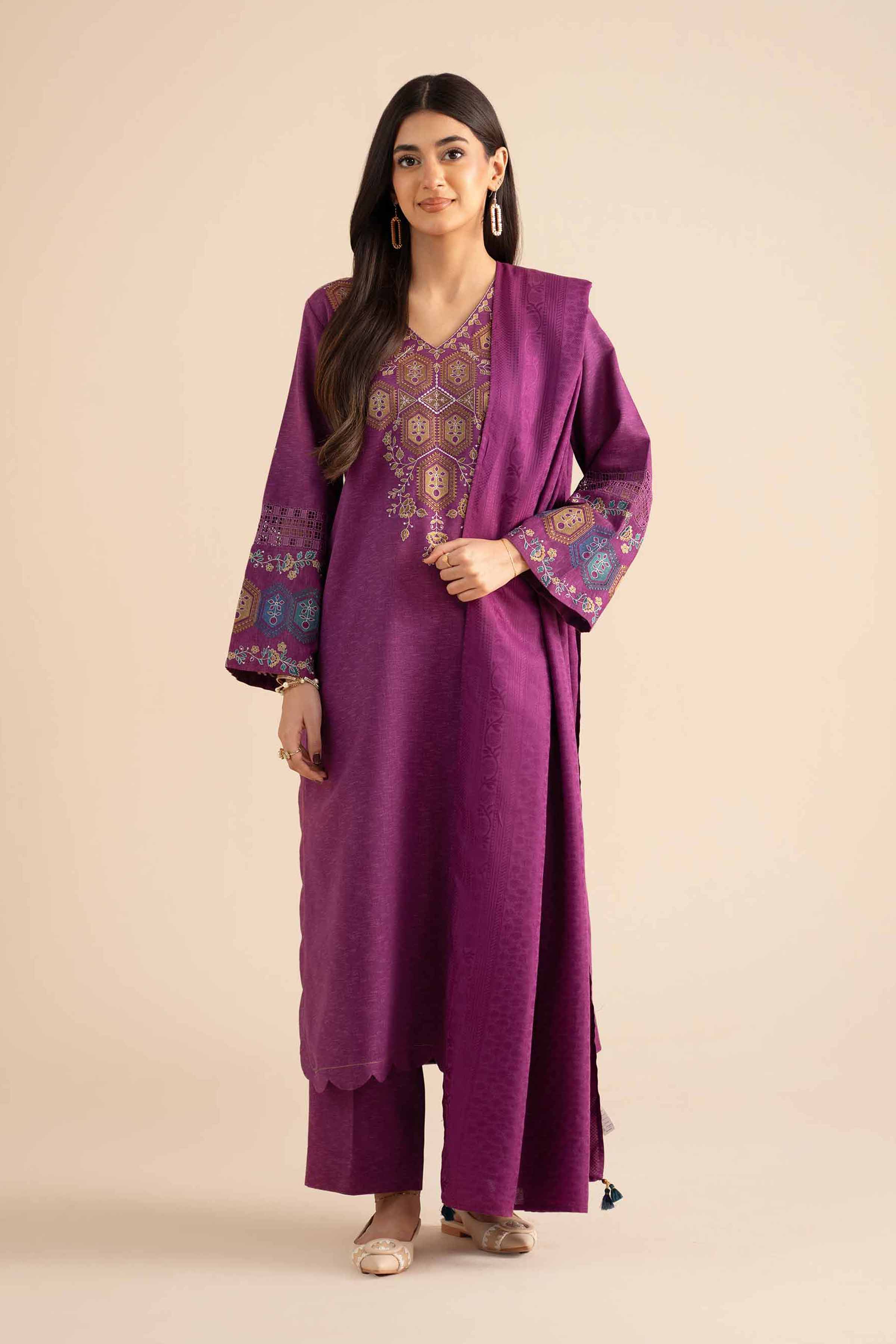 3 Piece - Embroidered Suit - PW25-450 READY TO WEAR Purple Karandi 3PC Embroidered