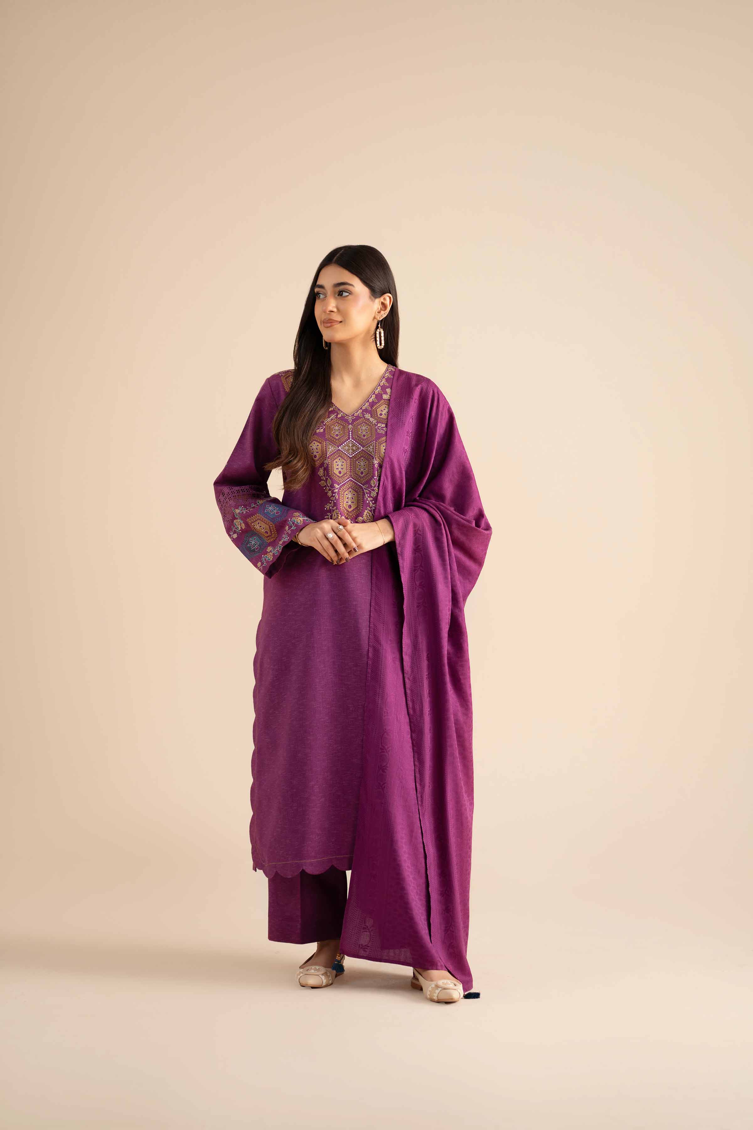 3 Piece - Embroidered Suit - PW25-450 READY TO WEAR Purple Karandi 3PC Embroidered