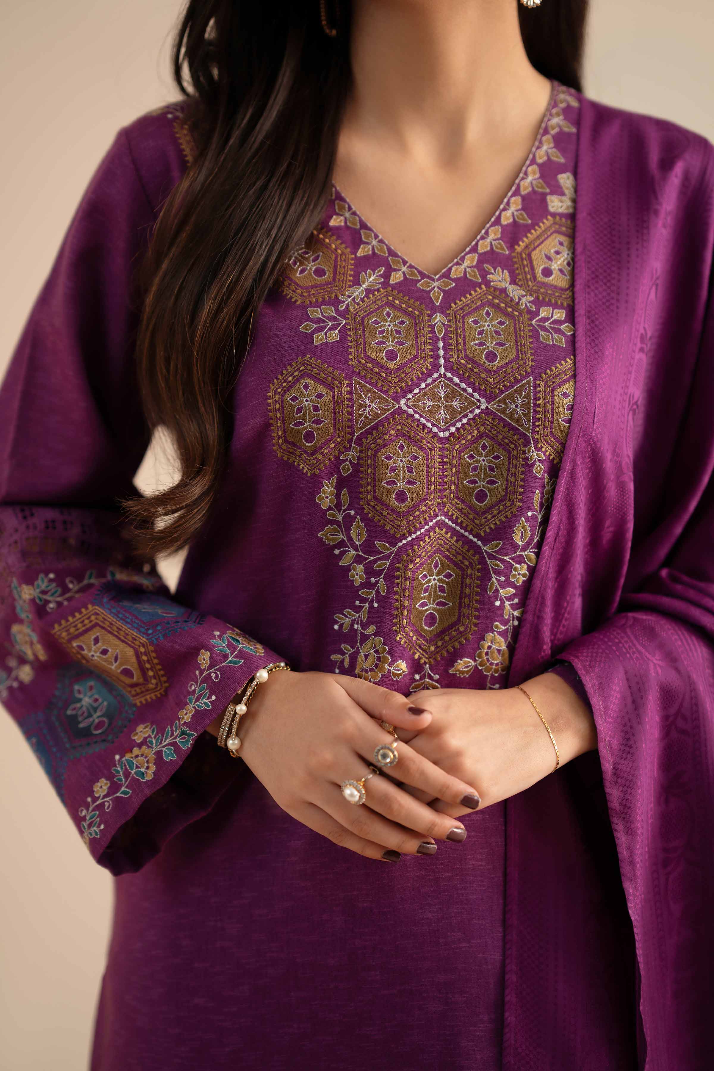 3 Piece - Embroidered Suit - PW25-450 READY TO WEAR Purple Karandi 3PC Embroidered