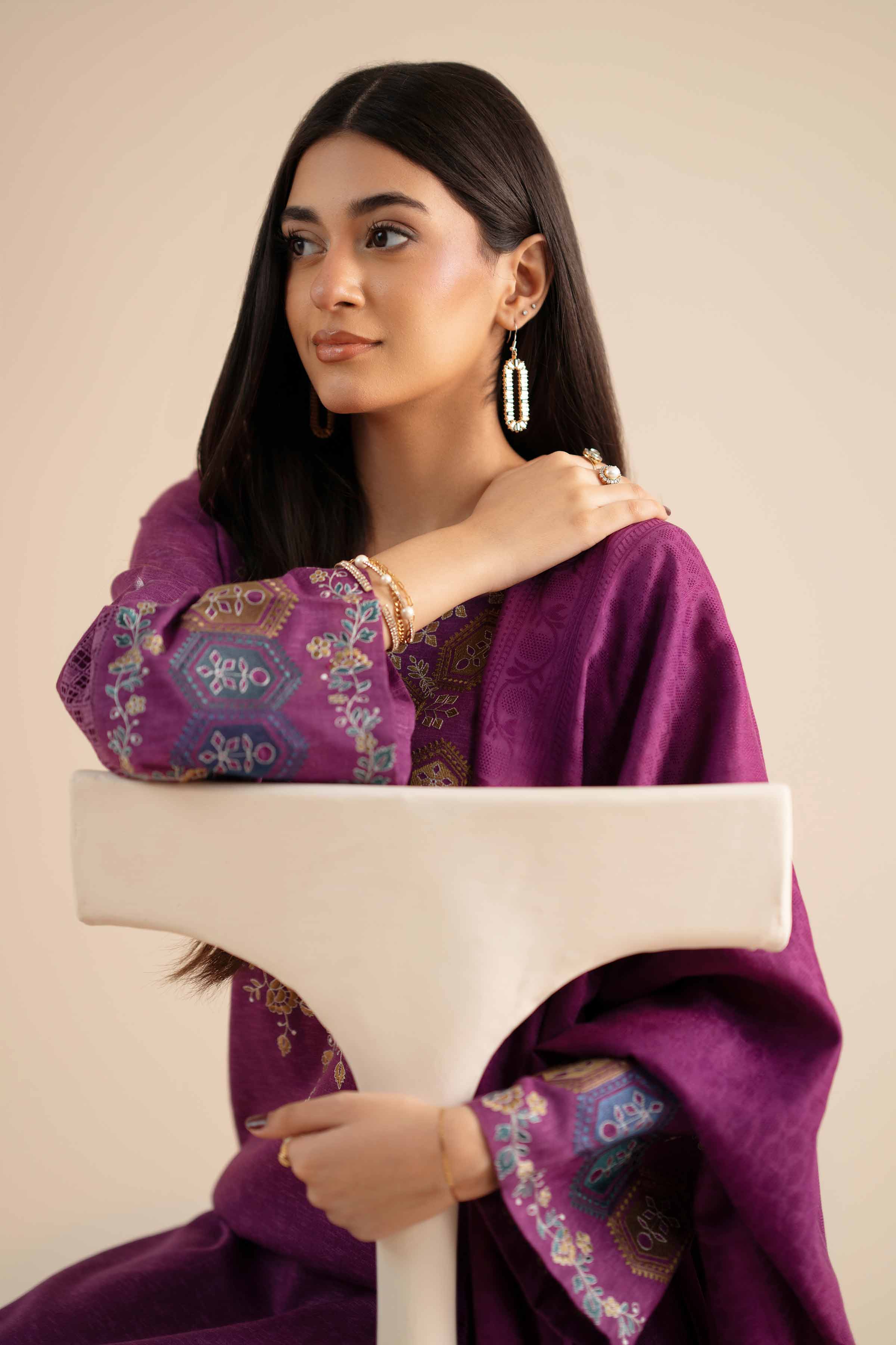 3 Piece - Embroidered Suit - PW25-450 READY TO WEAR Purple Karandi 3PC Embroidered