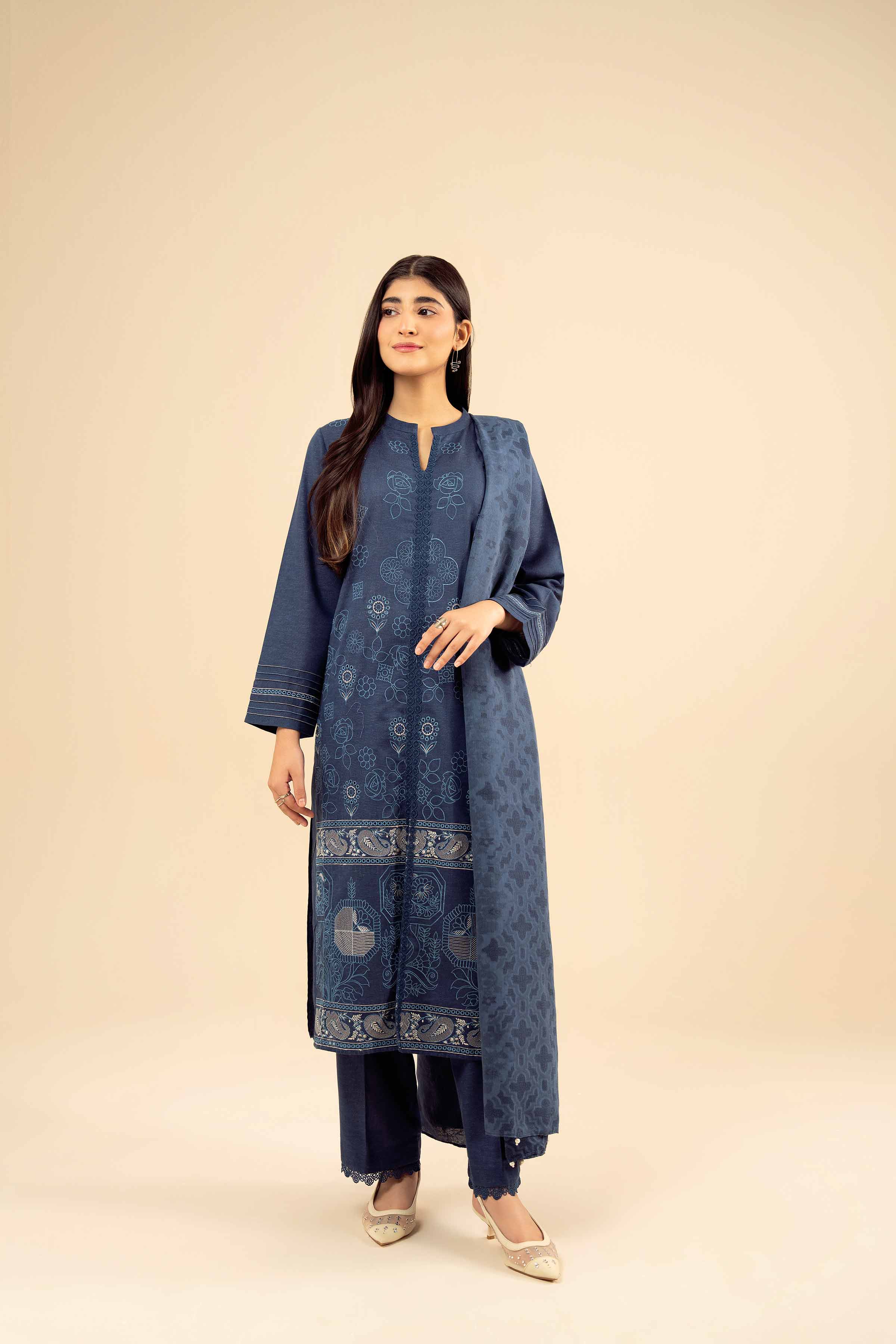 3 Piece - Embroidered Suit - PW25-452 READY TO WEAR Blue Karandi 3PC Embroidered