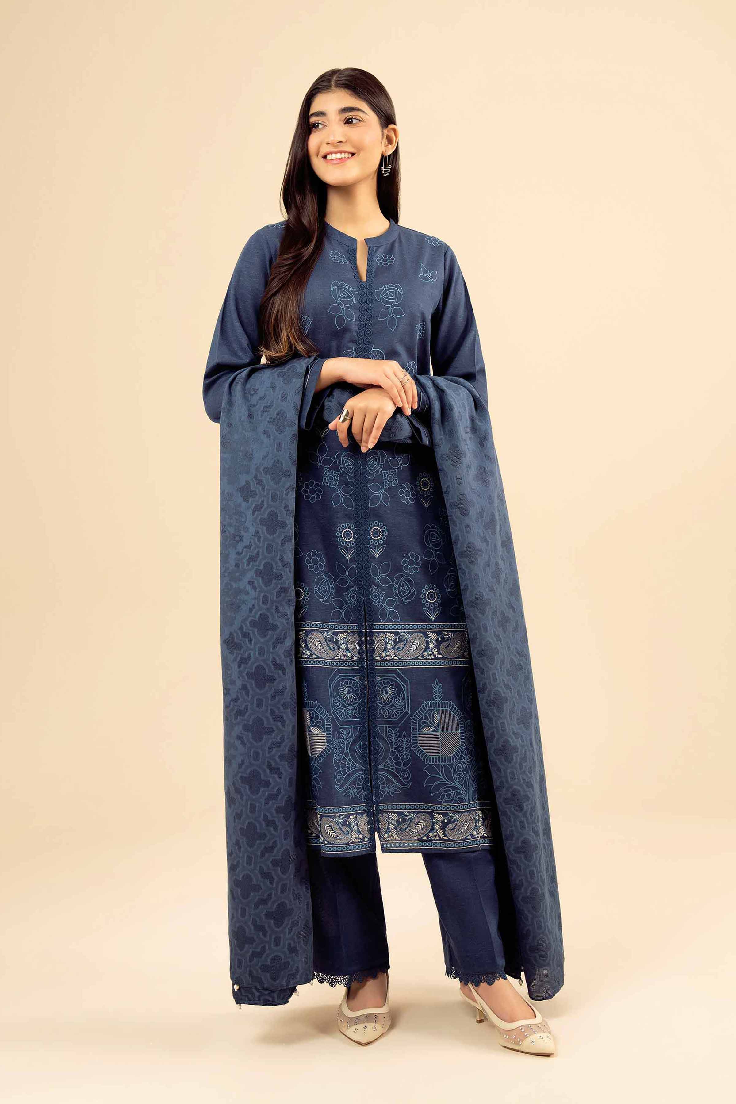 3 Piece - Embroidered Suit - PW25-452 READY TO WEAR Blue Karandi 3PC Embroidered