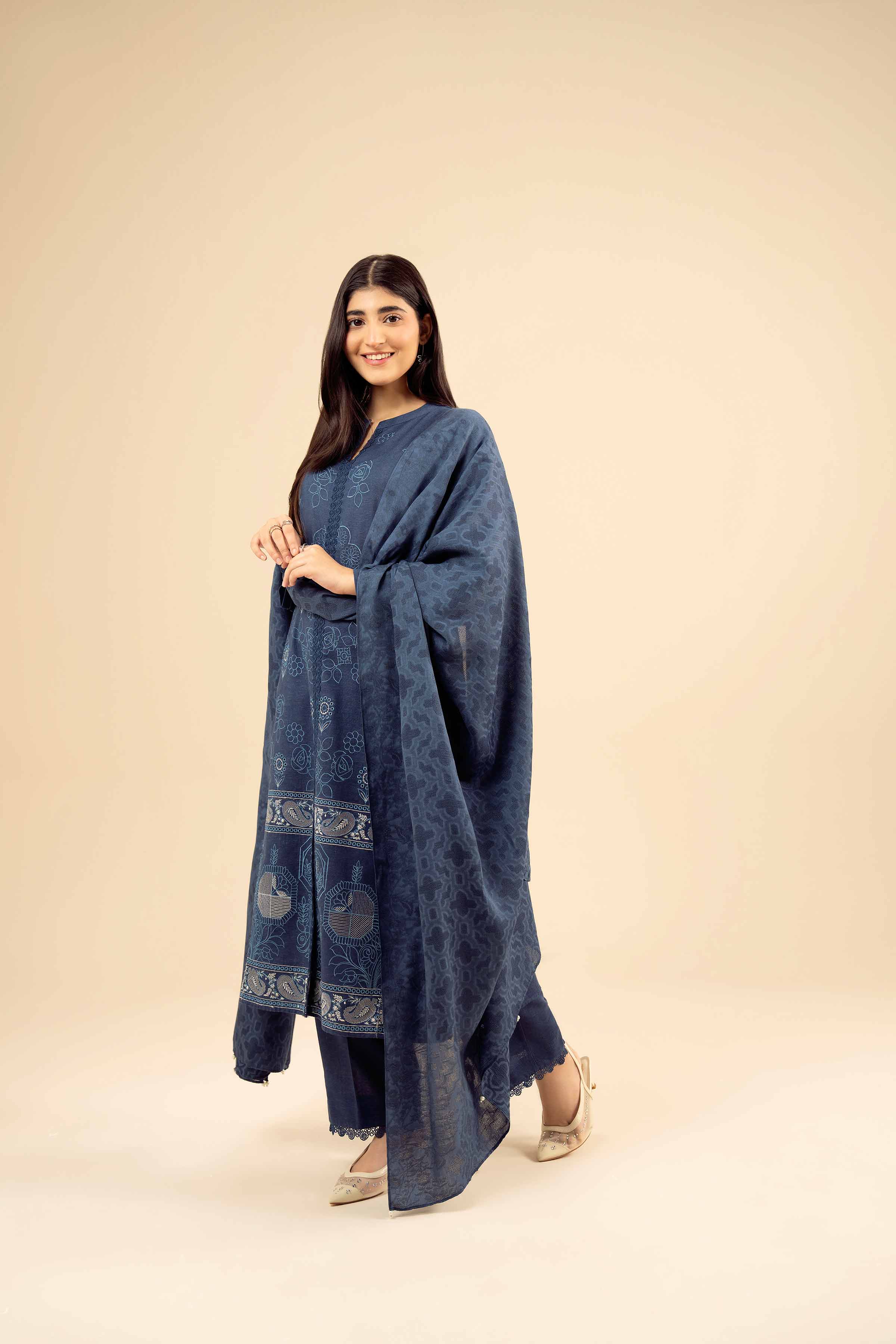 3 Piece - Embroidered Suit - PW25-452 READY TO WEAR Blue Karandi 3PC Embroidered
