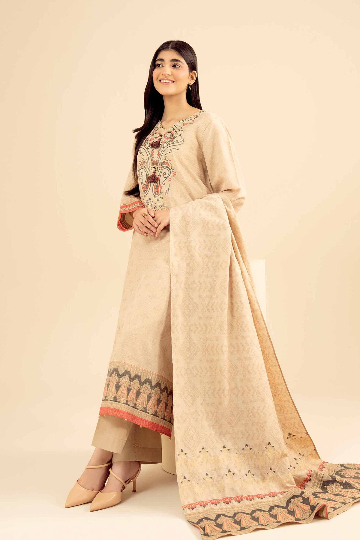3 Piece - Printed Suit - PW25-457 Beige Jacquard 3PC Printed Nishat Australia
