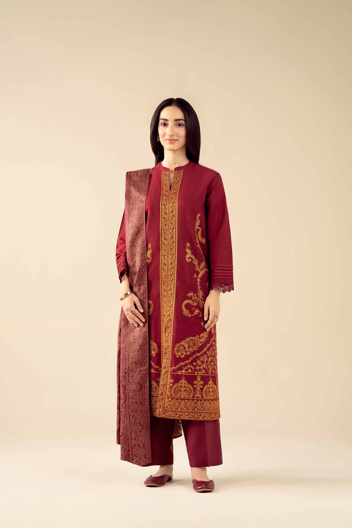 3 Piece - Embroidered Suit - PW25-458 Red Slub 3PC Embroidered Nishat Australia